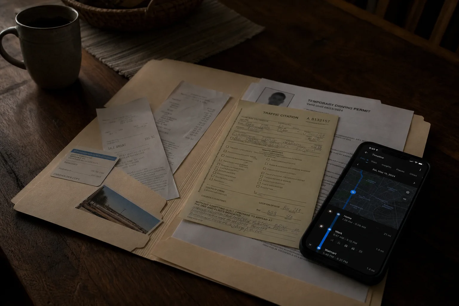 A manila folder open on a kitchen table holding a traffic citation, a temporary paper driving permit, printed card receipts and a phone showing a location ti...