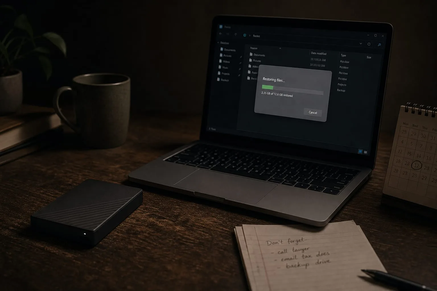 An external hard drive unplugged and resting on a desk beside a laptop showing a file restore window, with a handwritten note and a small calendar nearby