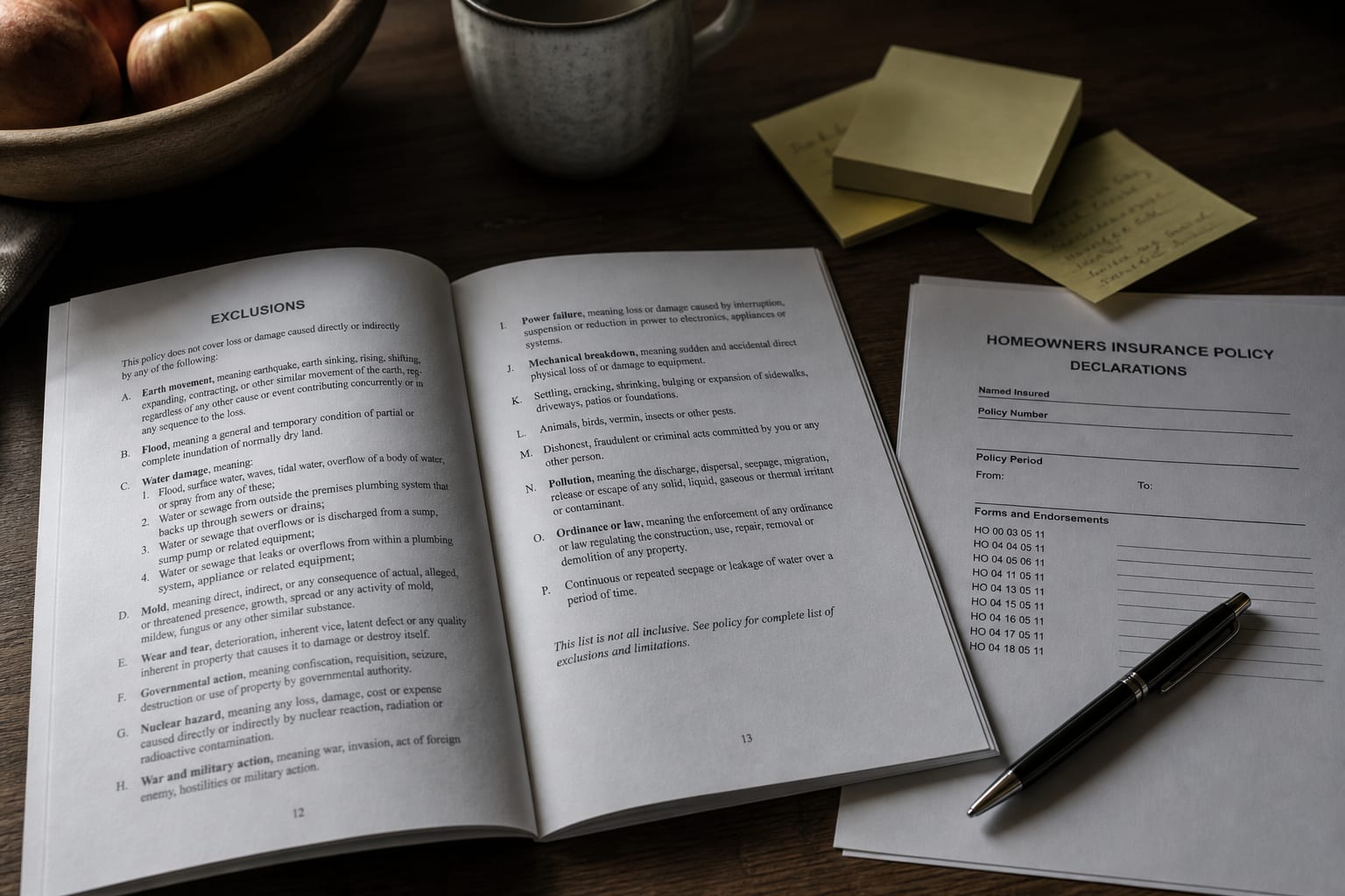 A printed homeowners insurance policy open to the exclusions pages on a kitchen table, with a pen, sticky notes and a declarations page listing form numbers...