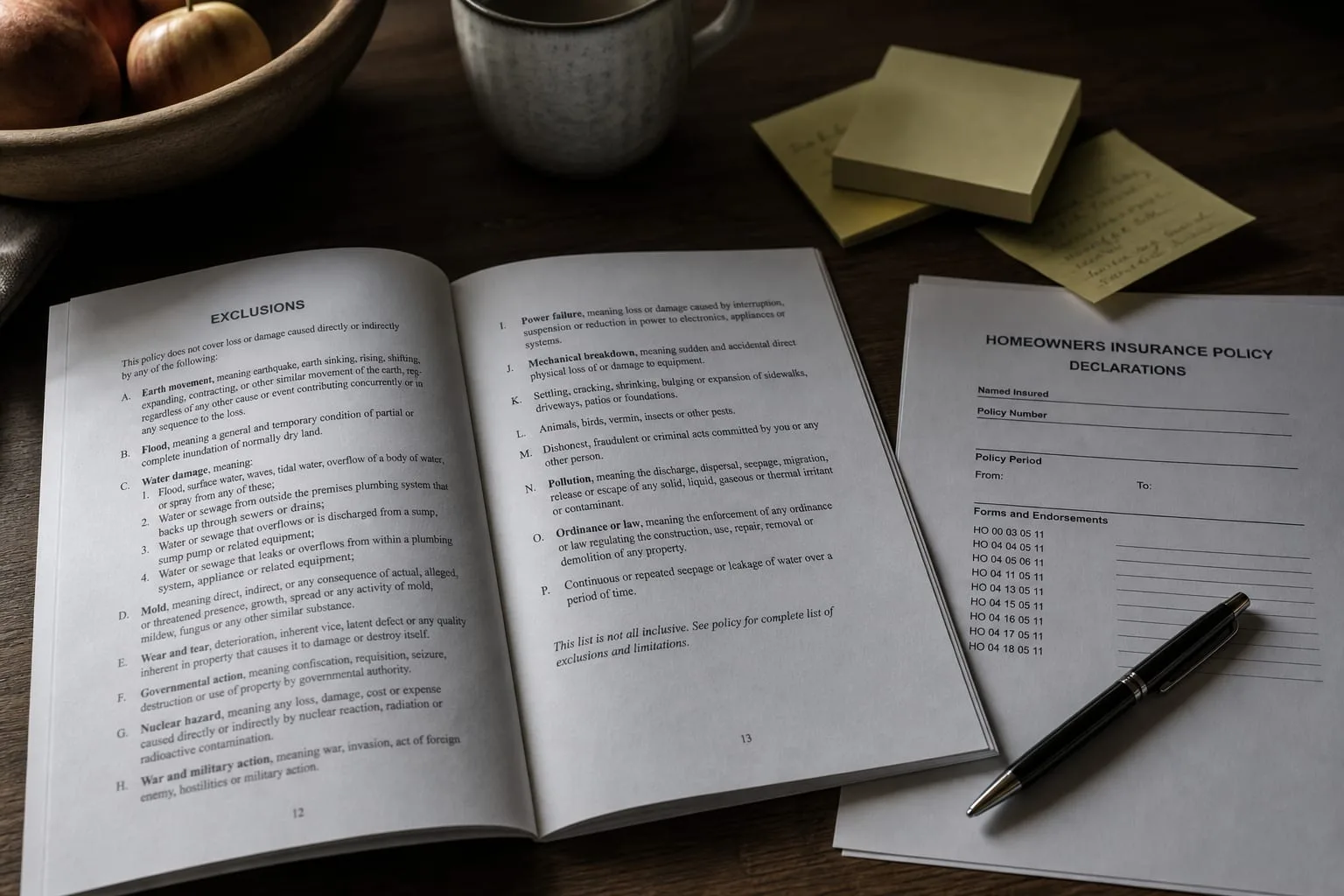 A printed homeowners insurance policy open to the exclusions pages on a kitchen table, with a pen, sticky notes and a declarations page listing form numbers...