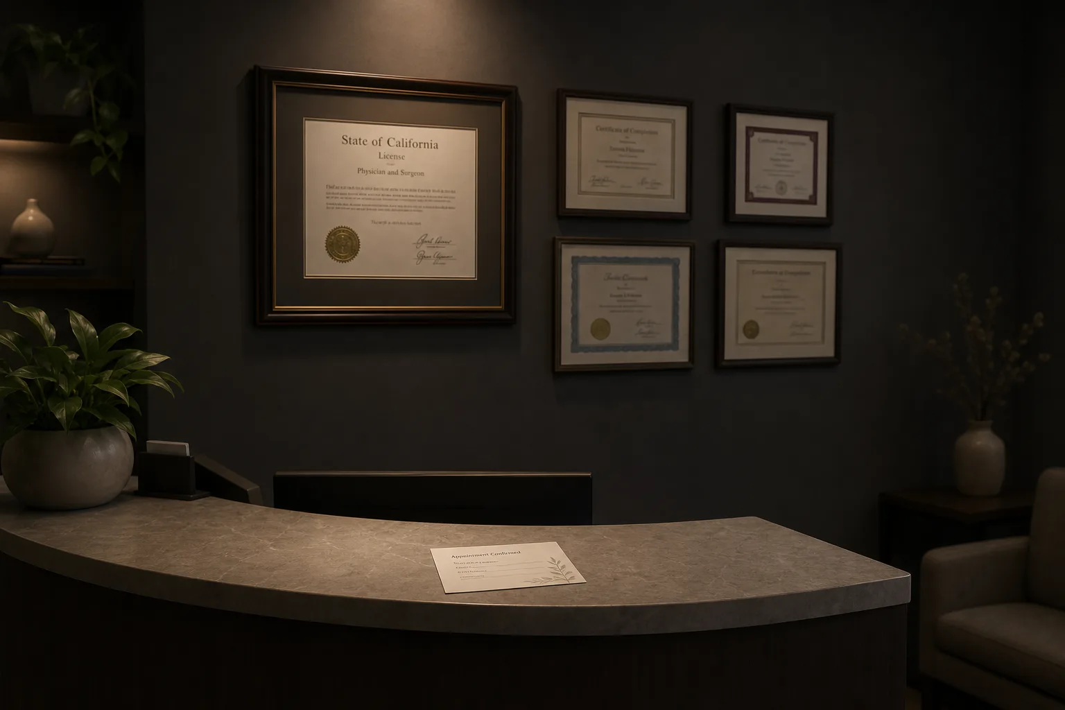 A clinic reception desk with a framed state license and several certificates mounted on the wall behind it, an appointment confirmation card lying on the cou...