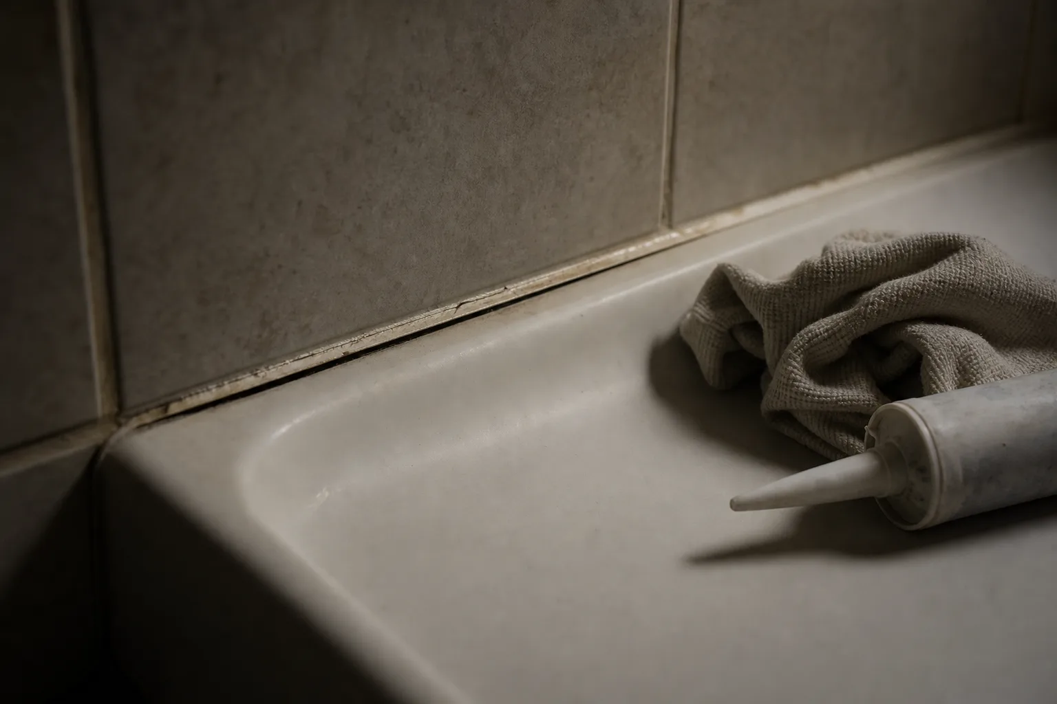 A close-up of the corner where a fiberglass shower pan meets tile, showing an aging caulk seam with a dark line and slight separation, a cleaning cloth and t...