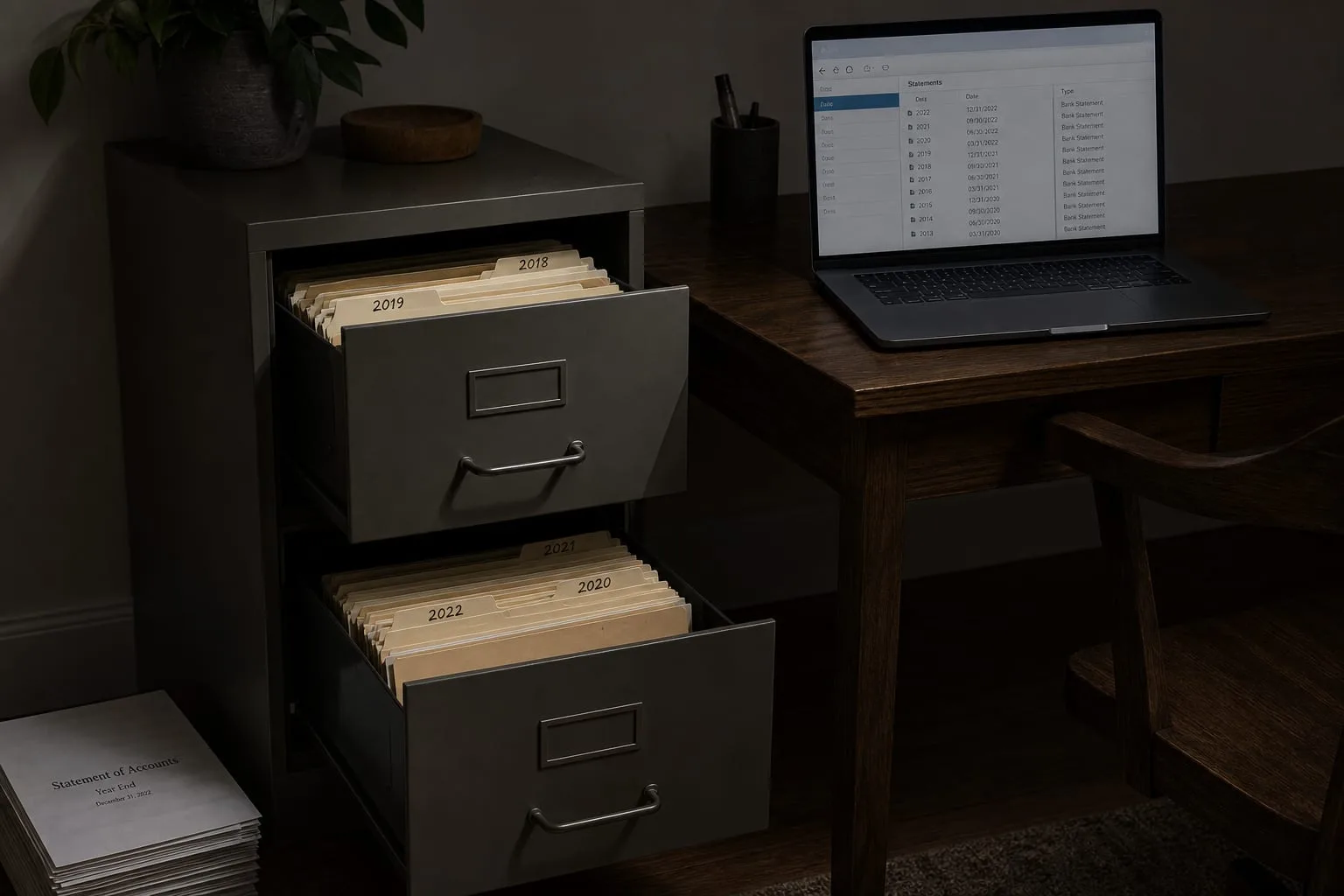 An open two-drawer filing cabinet in a home office with labeled manila folders, a small stack of year-end statements on the floor beside it, and a laptop ope...