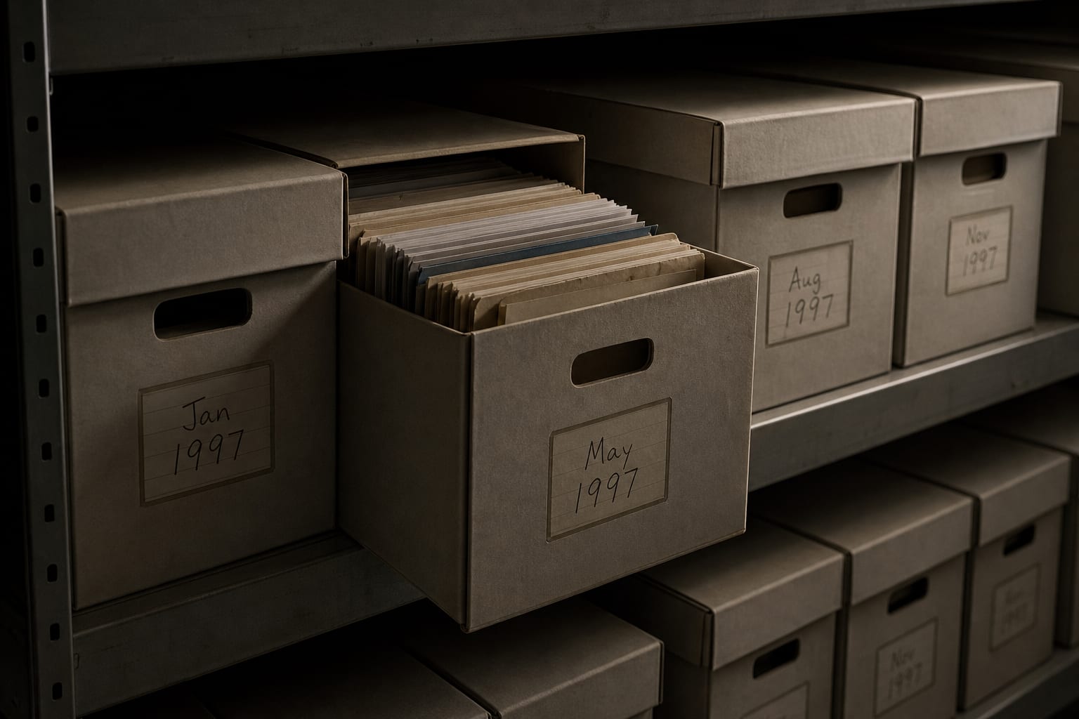 A row of labeled archive boxes on metal shelving in an office storage room, each box with a handwritten date card, one box pulled partway out with file folde...