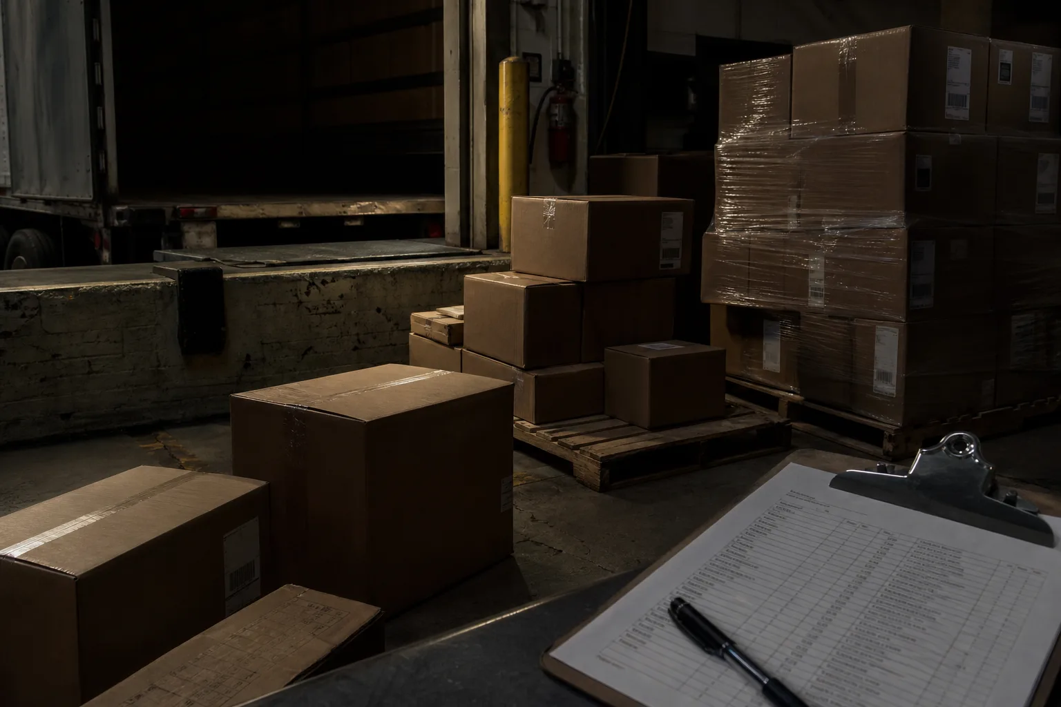 A warehouse receiving dock with mixed floor-loaded cartons being stacked onto pallets beside a printed rate sheet on a clipboard