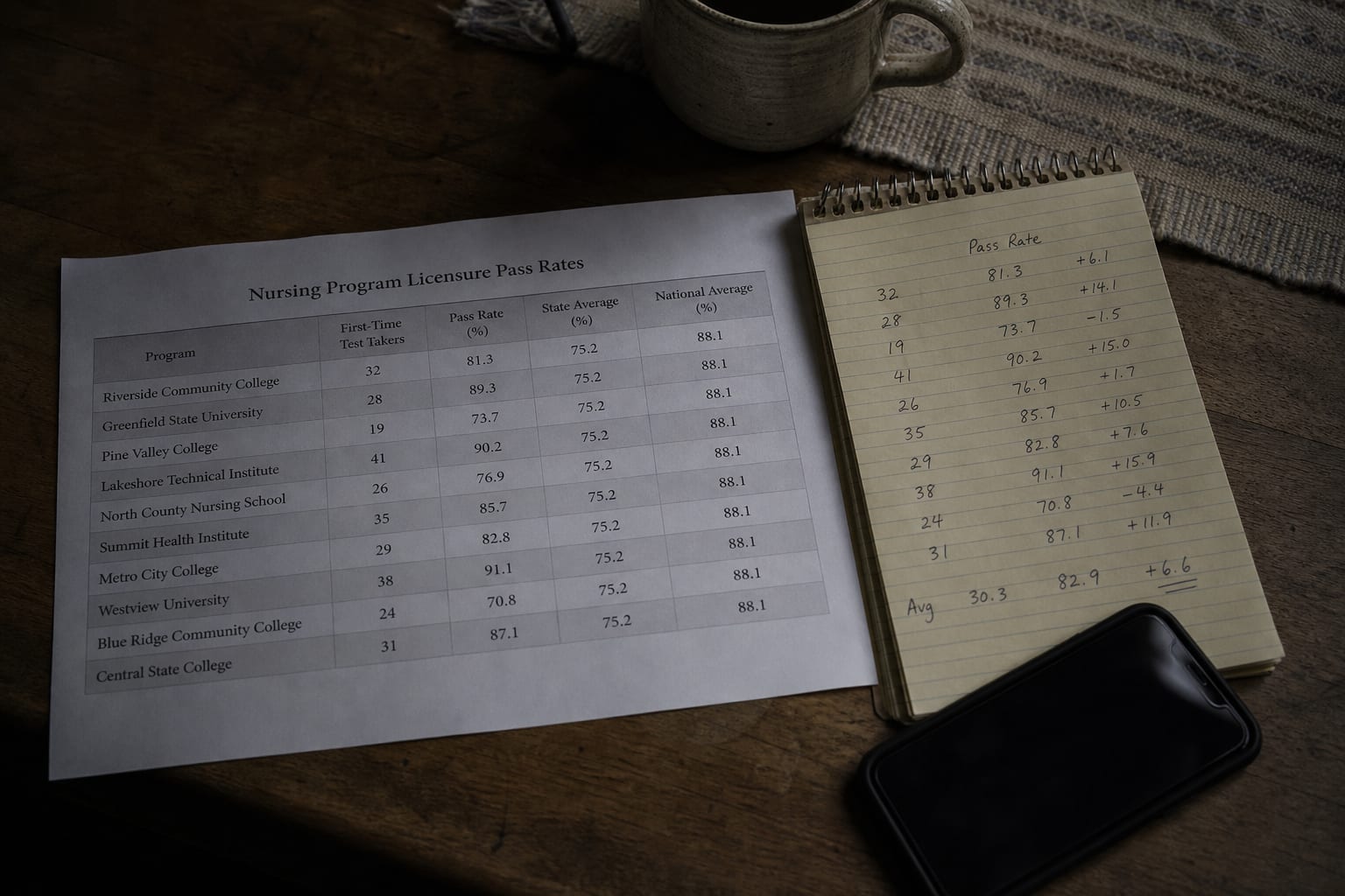 A printed table of nursing program licensure pass rates on a kitchen table beside a notepad with handwritten numbers and a phone