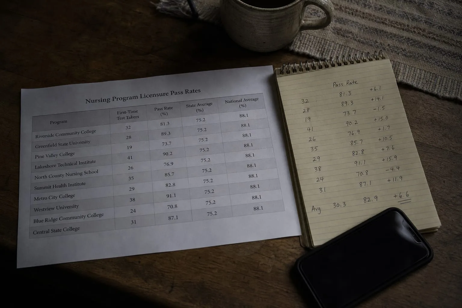 A printed table of nursing program licensure pass rates on a kitchen table beside a notepad with handwritten numbers and a phone