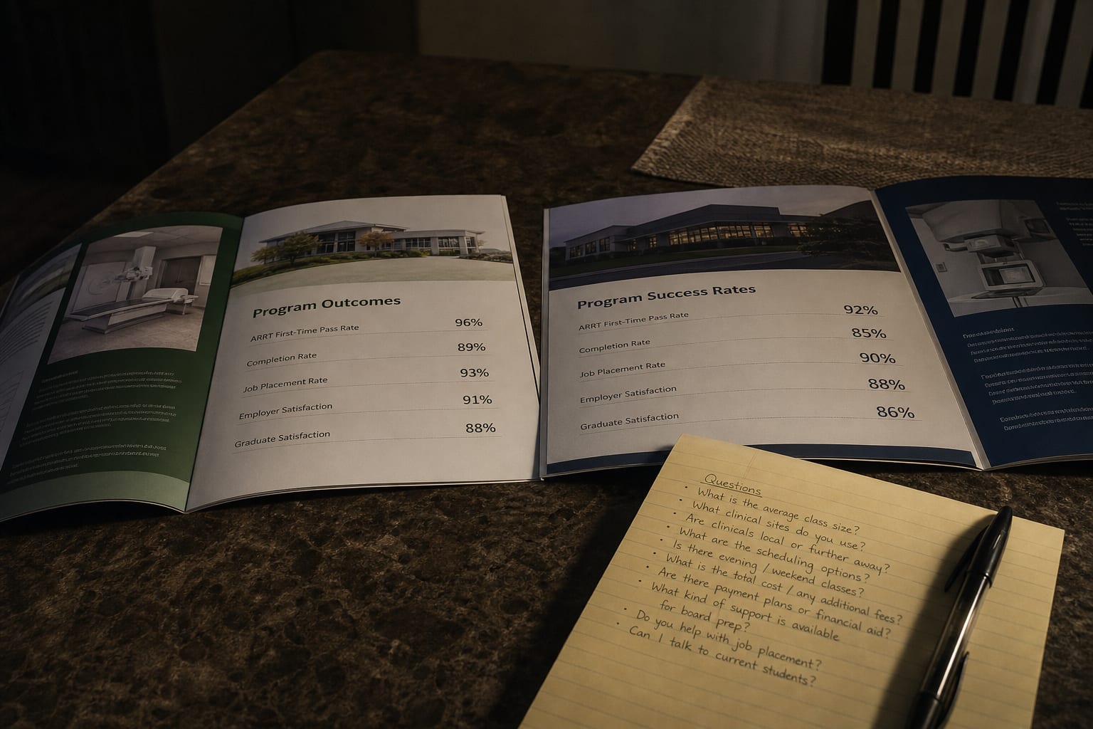 Two program information packets from different radiologic technology schools laid side by side on a kitchen table, each open to a page of outcome percentages...