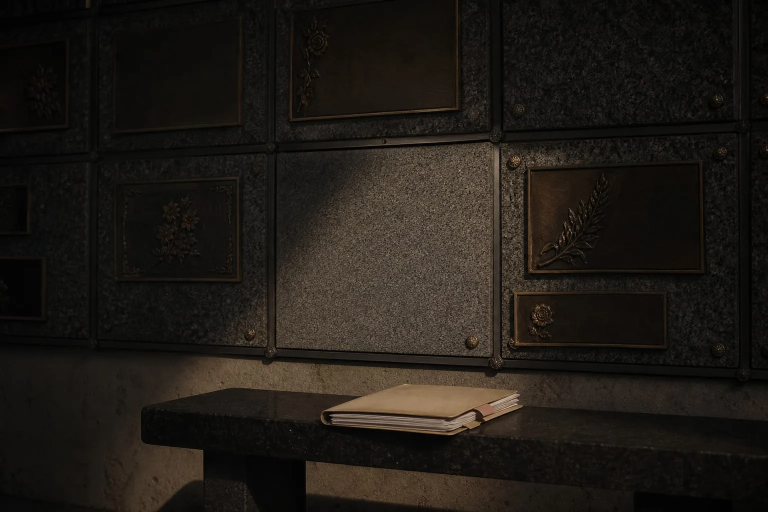 A columbarium wall of granite niche fronts with engraved bronze plaques, one niche front uninscribed and blank, with a small folder of paperwork resting on a...