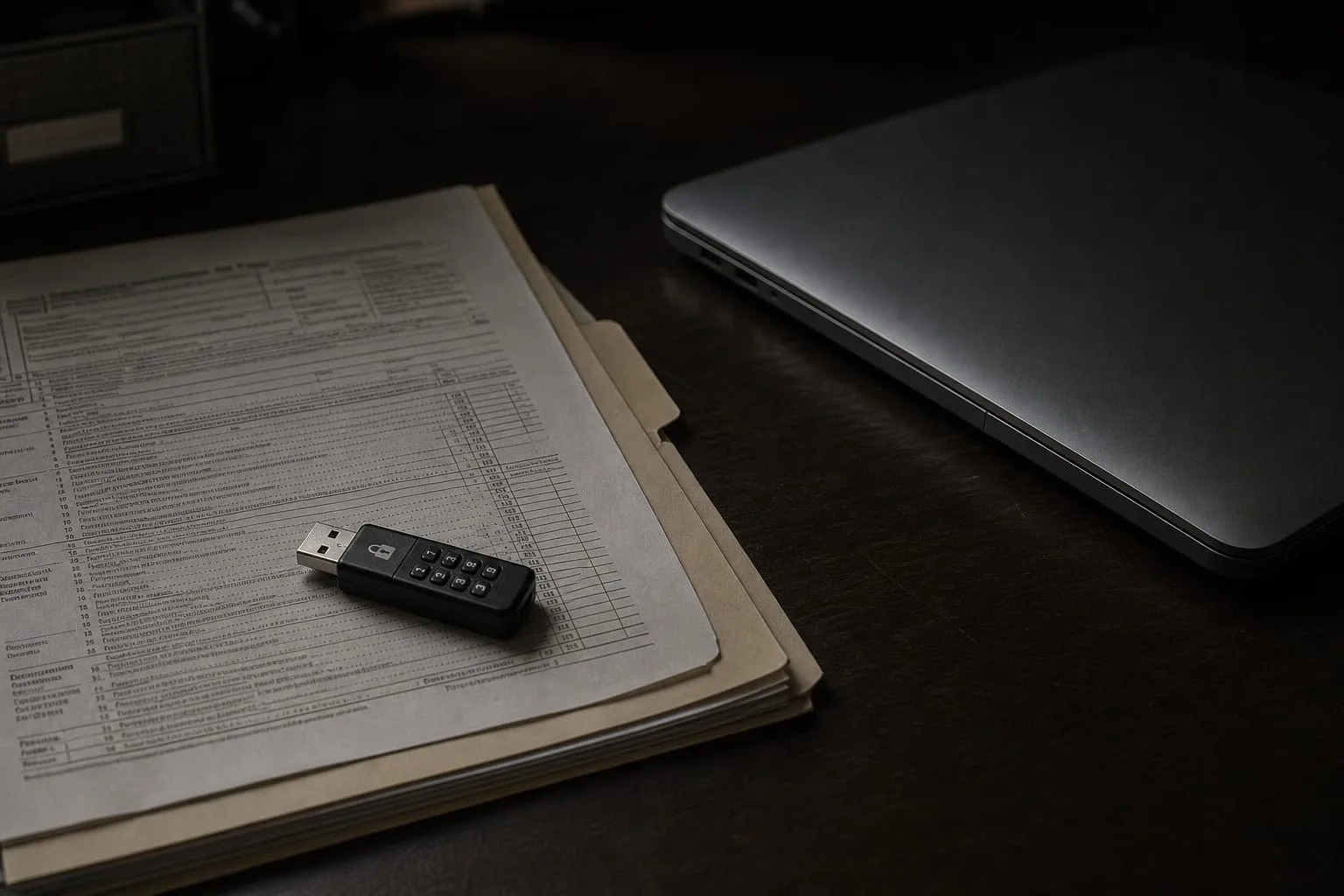 A small encrypted USB flash drive resting on a paper folder of scanned tax documents beside a closed laptop on a desk