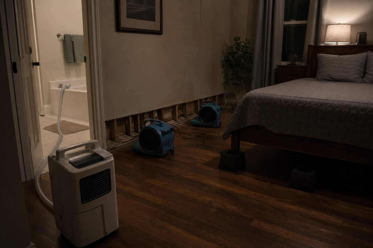 A residential bedroom with baseboard removed along one wall, two low-profile air movers aimed along the floor line and a portable dehumidifier with a drain h...
