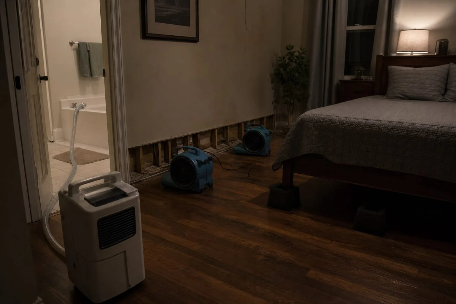 A residential bedroom with baseboard removed along one wall, two low-profile air movers aimed along the floor line and a portable dehumidifier with a drain h...