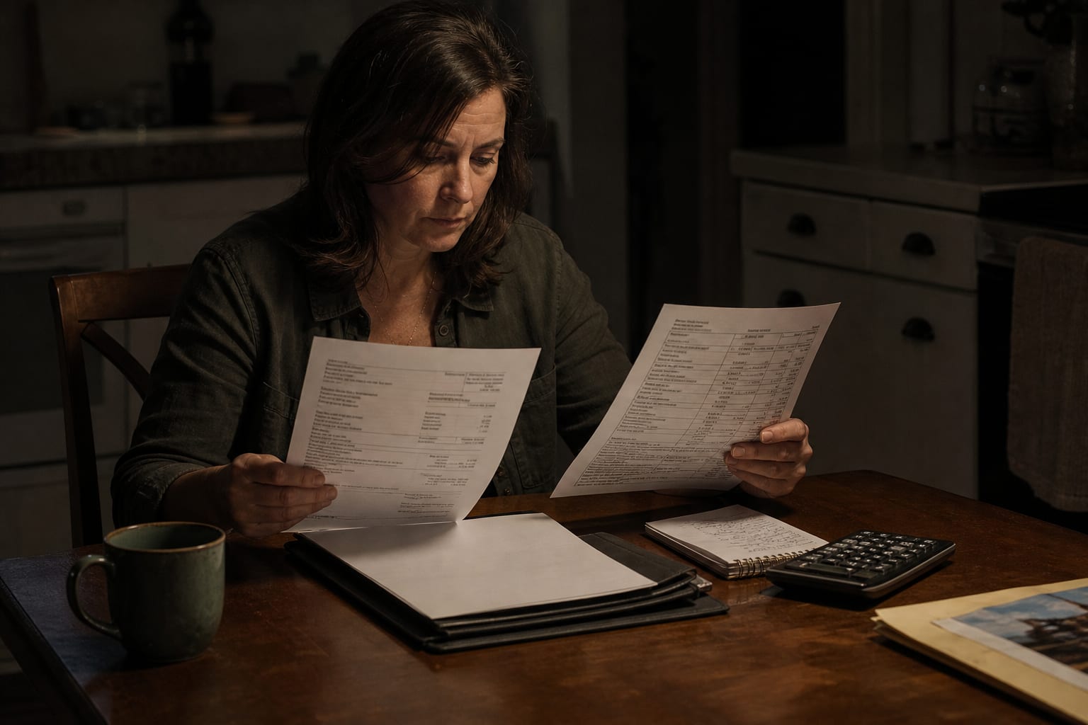A homeowner at a kitchen table comparing a homeowners insurance declarations page with a contractor's written rebuild estimate, a folder and calculator besid...