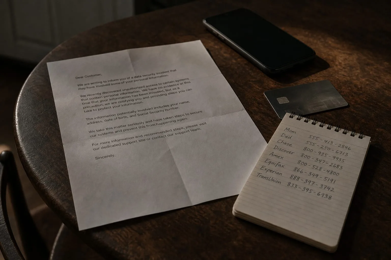 A printed data breach notification letter on a kitchen table beside a mobile phone, a credit card, and a handwritten list of phone numbers on a notepad