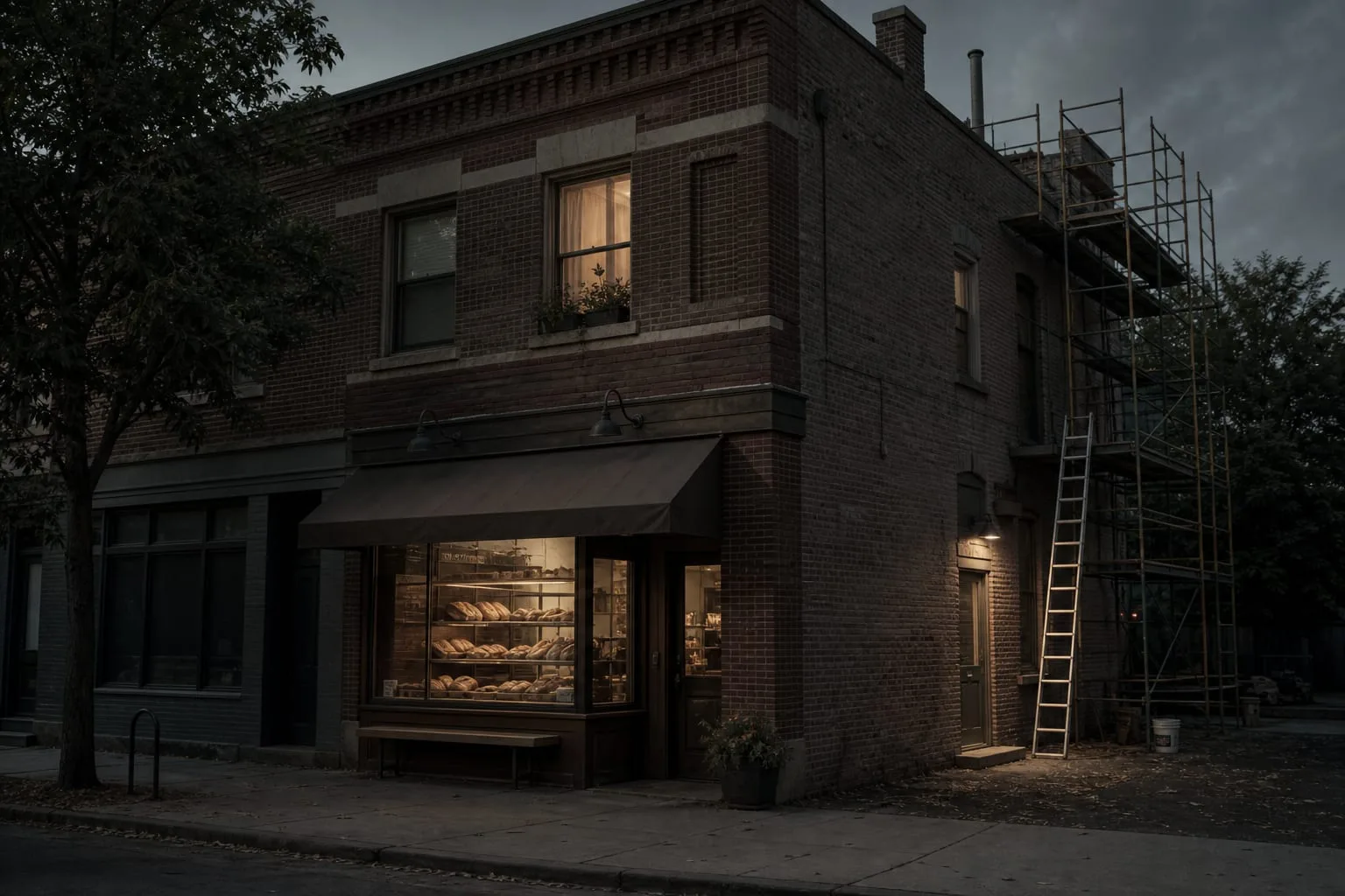 A two-story brick corner building with a ground-floor bakery storefront and an apartment window above, with scaffolding and a contractor's ladder at the rear...