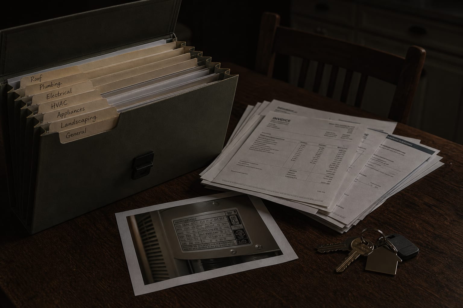 An open accordion file folder on a kitchen table with labeled tabs, a stack of contractor invoices, an appliance data plate photograph printed out, and a set...