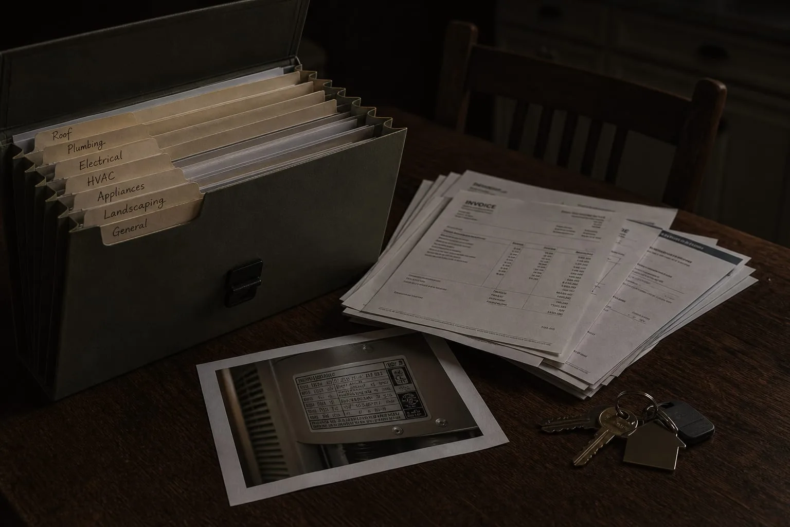 An open accordion file folder on a kitchen table with labeled tabs, a stack of contractor invoices, an appliance data plate photograph printed out, and a set...