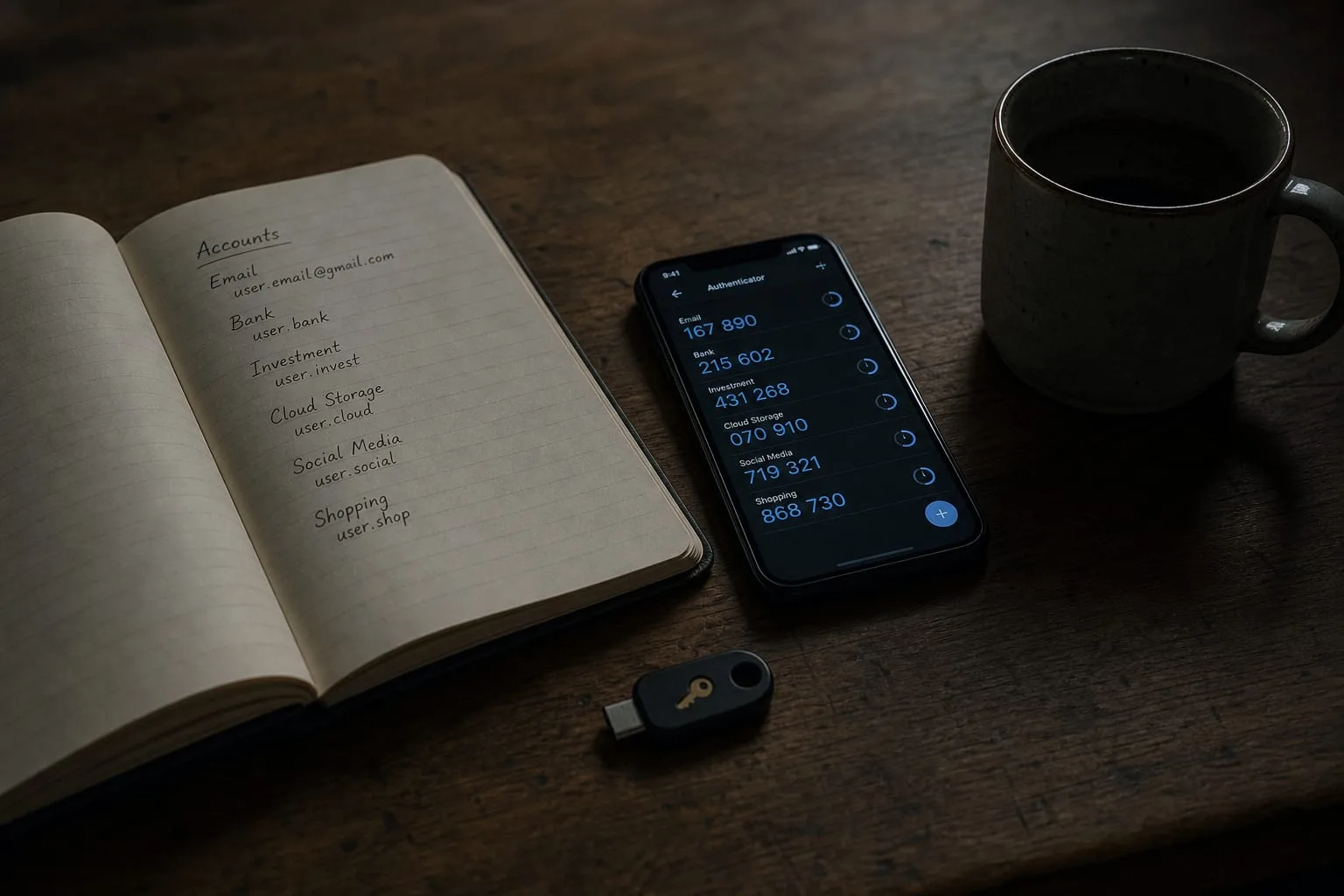 A kitchen table with an open notebook listing account names, a smartphone showing an authenticator app screen, a small key-shaped security token, and a mug b...