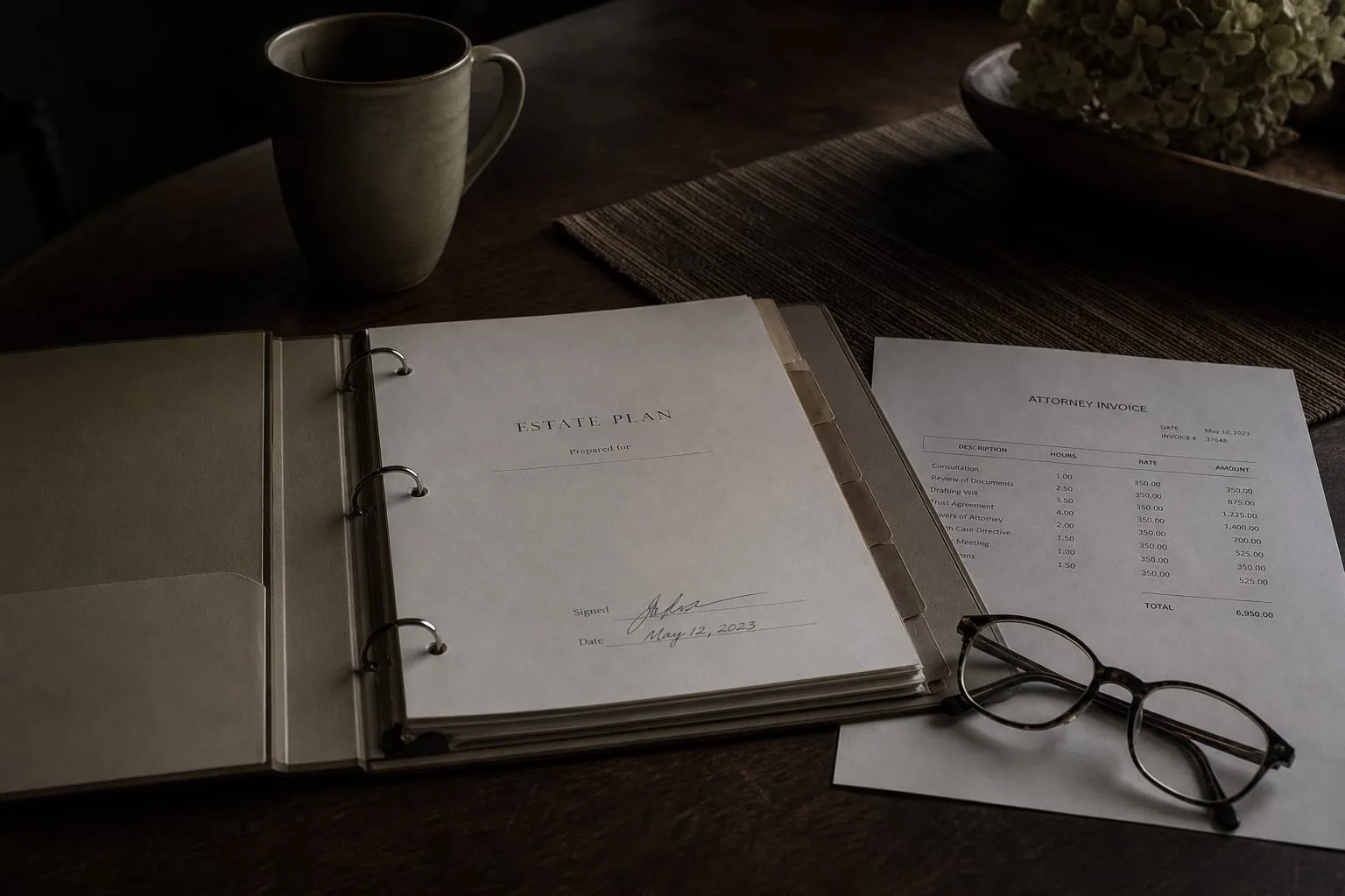 A signed estate planning binder open on a dining table beside an itemized attorney invoice and a pair of reading glasses