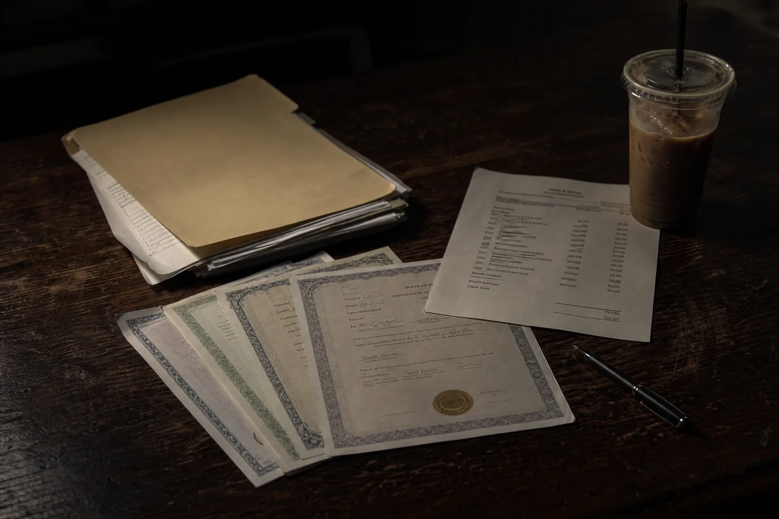 A kitchen table with a manila folder of documents, several certified certificate copies fanned out, a printed itemized price list, a pen and a cold cup of co...