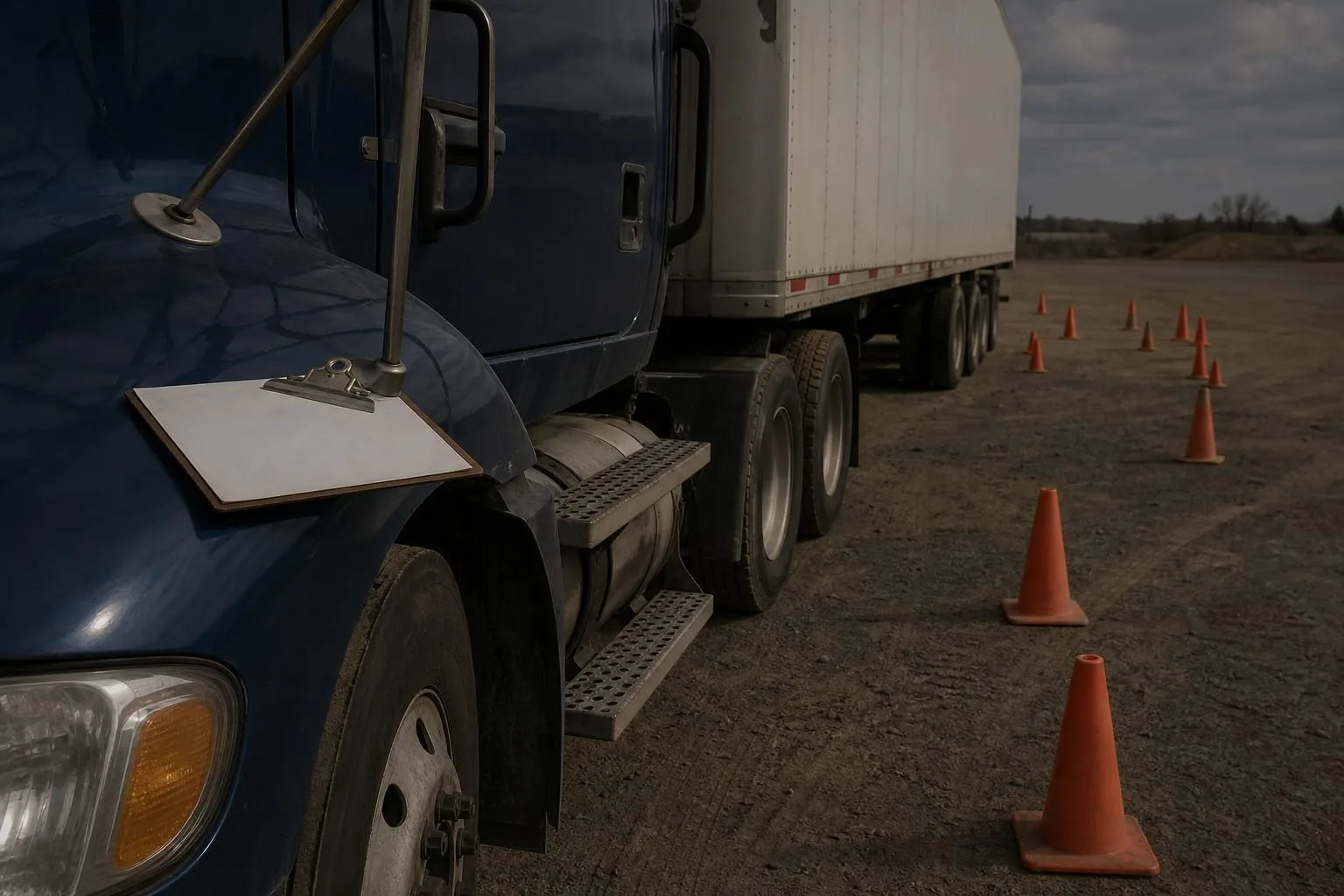 A tractor-trailer parked on a training range with orange cones set up for a backing maneuver, an empty instructor clipboard resting on the fender