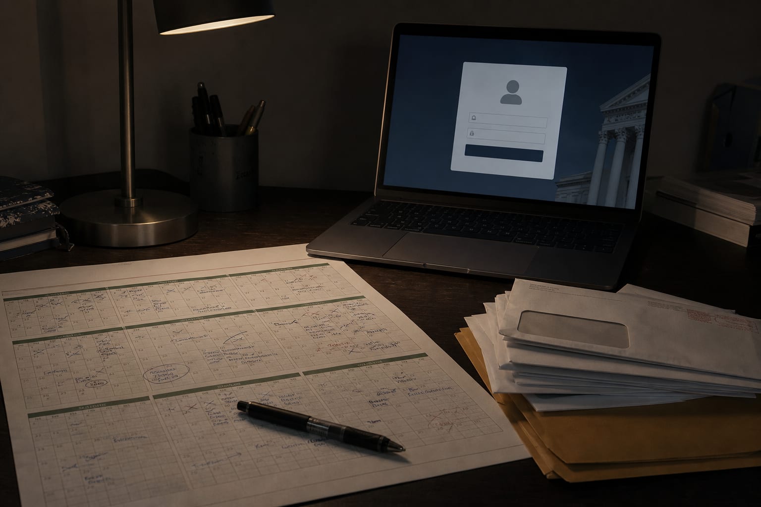 A desk with a printed academic year calendar marked up in pen, a laptop showing a student portal login screen, and a stack of official-looking envelopes besi...
