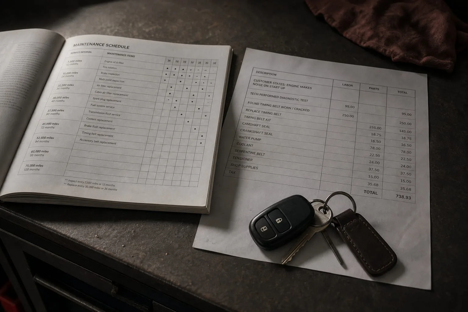 A printed vehicle maintenance schedule page open on a service counter beside a itemized repair estimate and a set of car keys