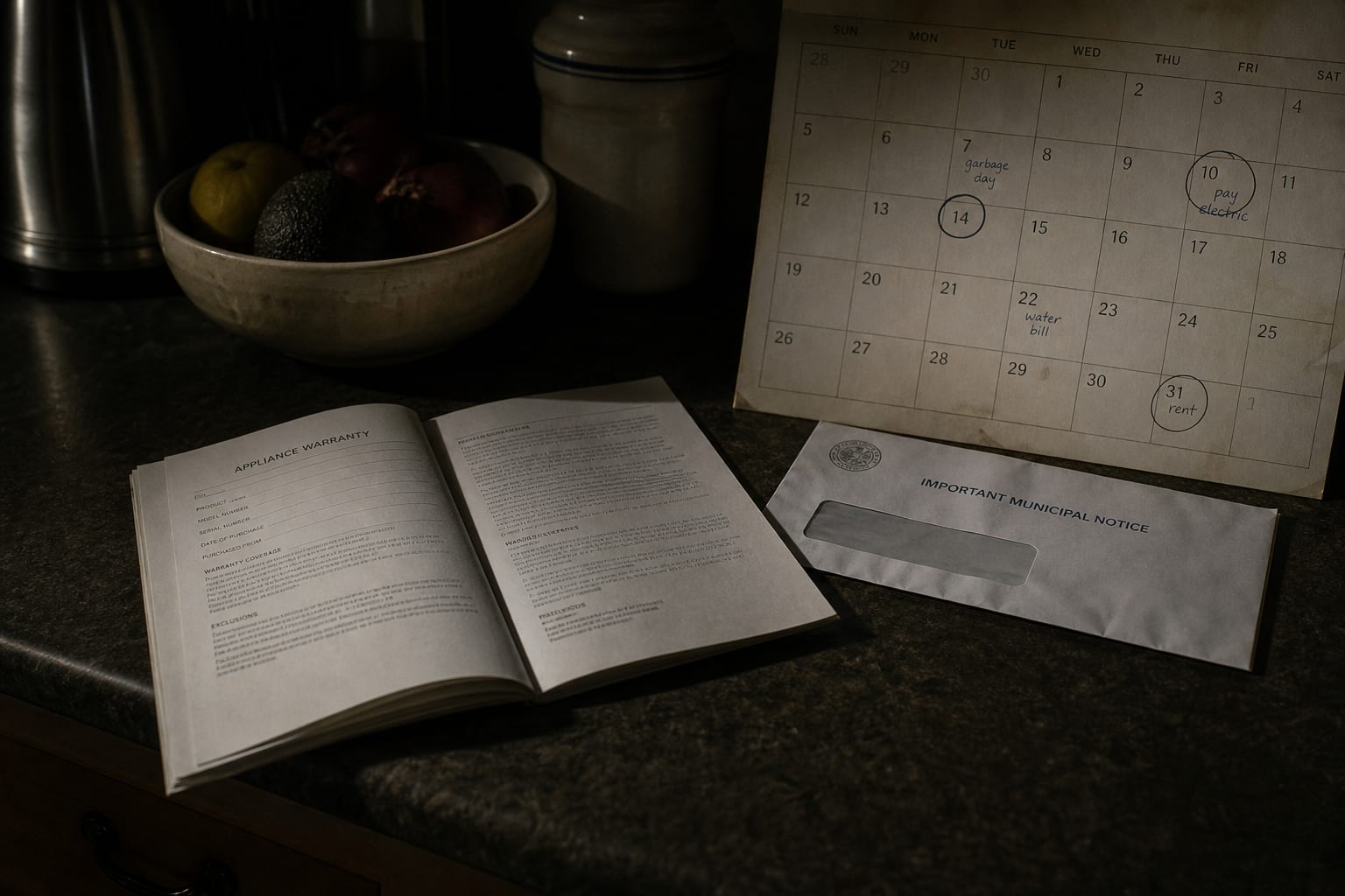 A kitchen counter with an open appliance warranty booklet, a municipal notice envelope, and a handwritten wall calendar with a few dates circled