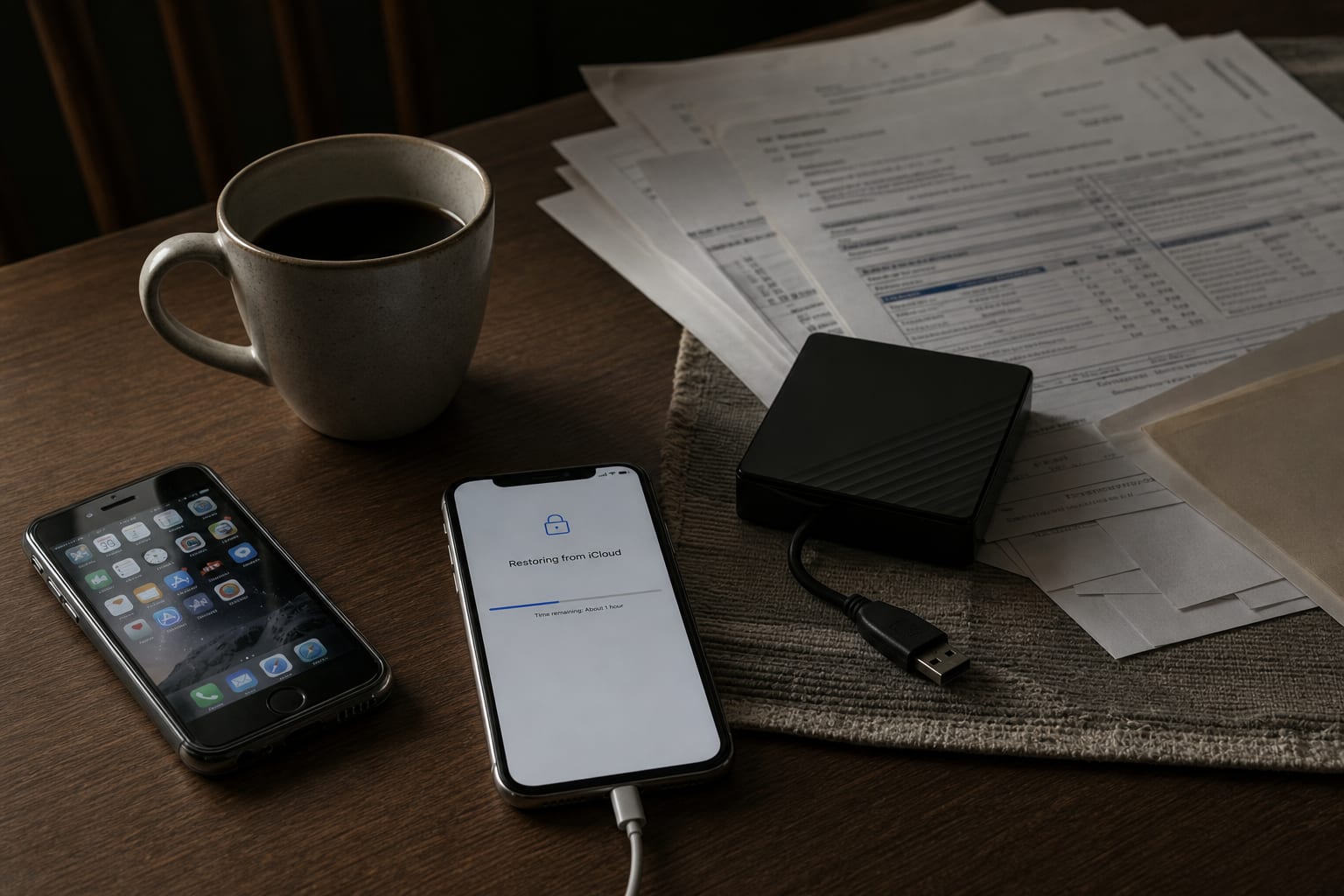 A kitchen table in January with a new smartphone mid-setup showing a restore progress screen, the older phone beside it still powered on, a stack of opened t...