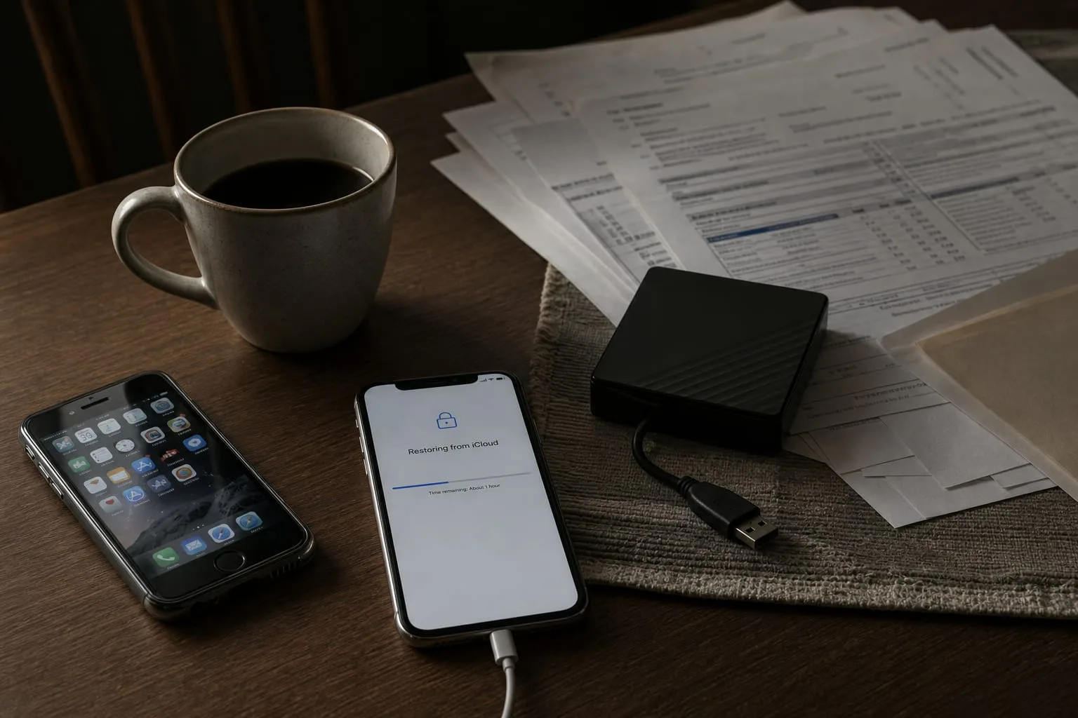 A kitchen table in January with a new smartphone mid-setup showing a restore progress screen, the older phone beside it still powered on, a stack of opened t...
