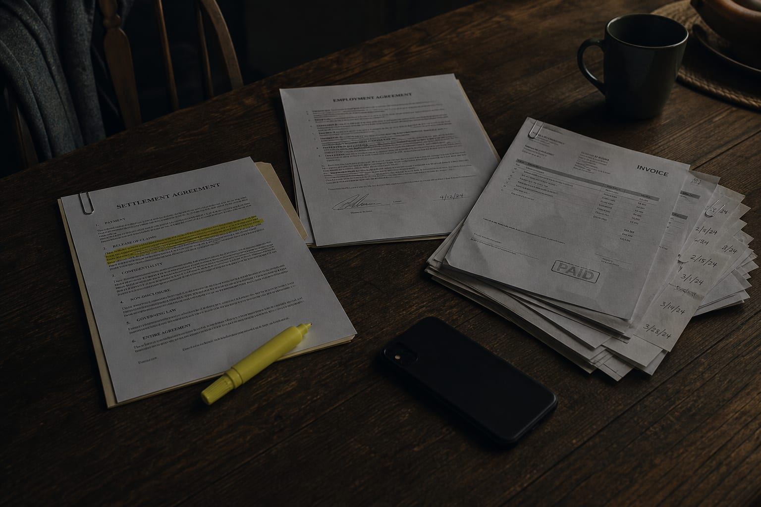 A kitchen table with a settlement agreement, a signed contract, and a stack of dated invoices spread out, one clause marked with a highlighter, a phone face...