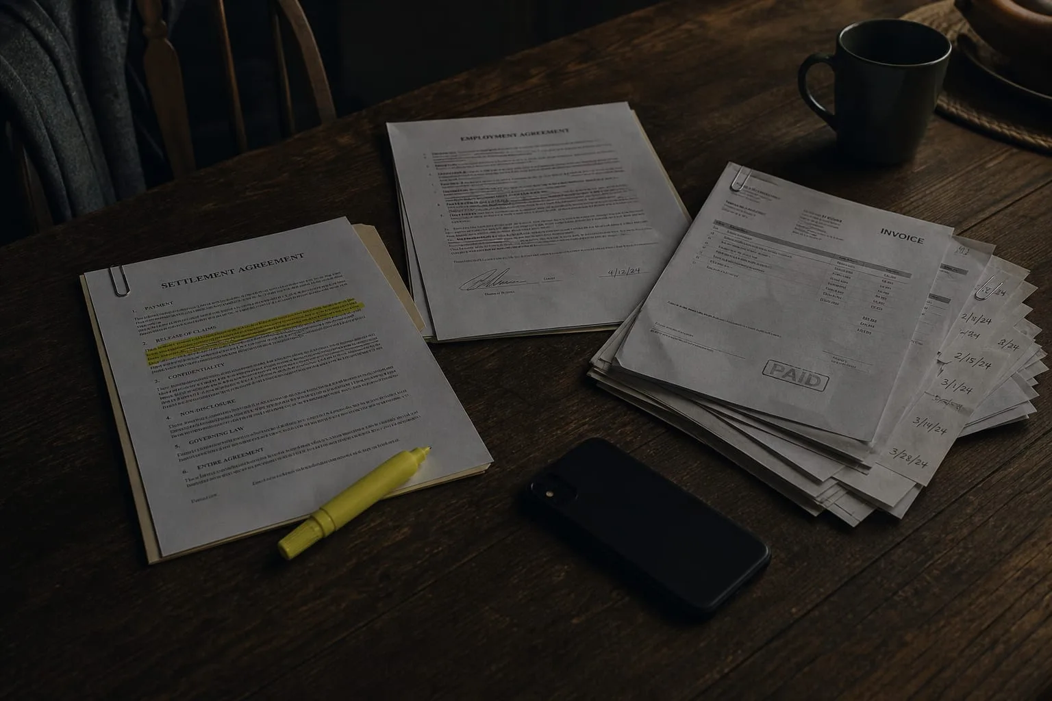 A kitchen table with a settlement agreement, a signed contract, and a stack of dated invoices spread out, one clause marked with a highlighter, a phone face...