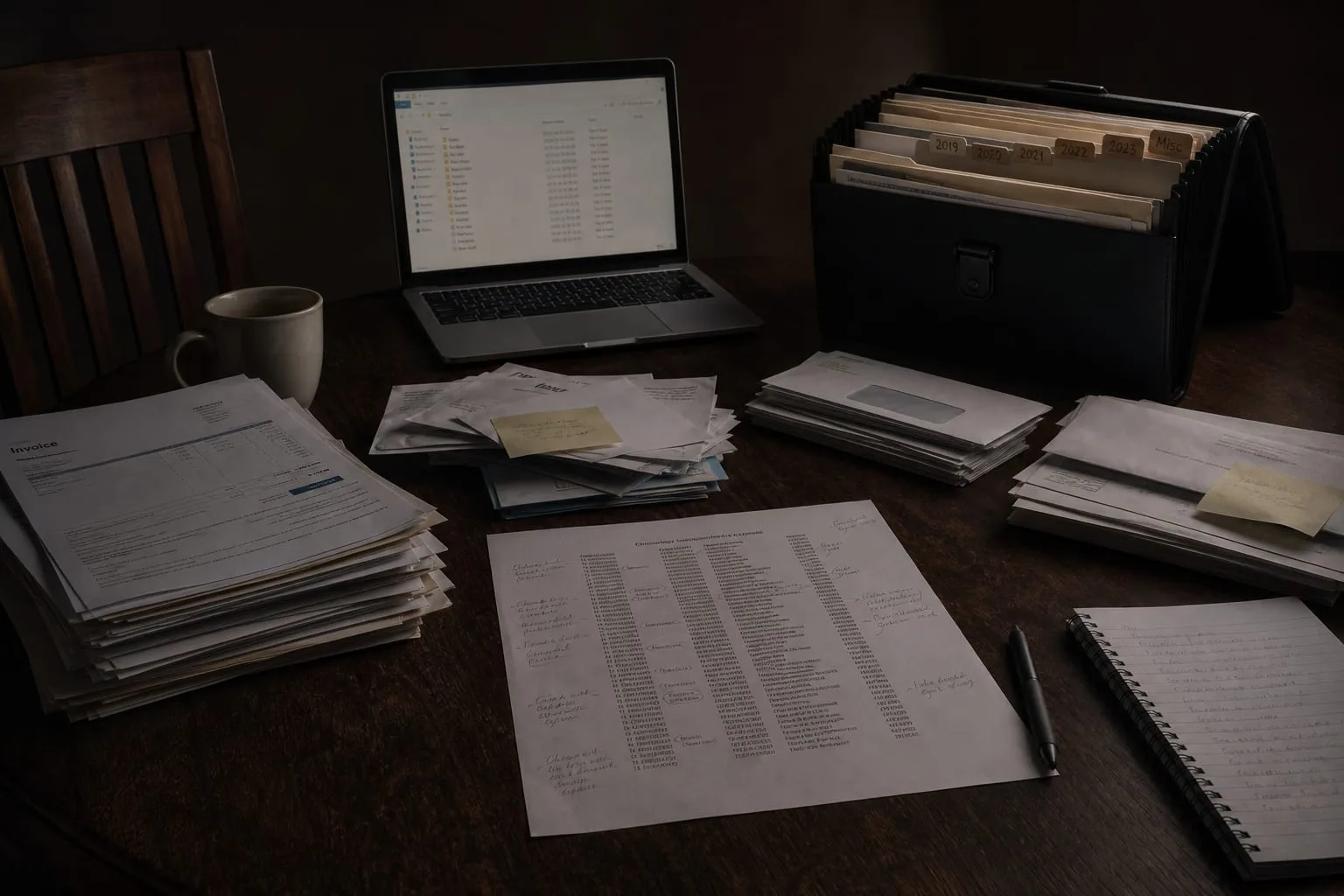 A dining table covered with sorted stacks of invoices and correspondence, a printed chronology sheet with handwritten annotations, a laptop showing a file fo...