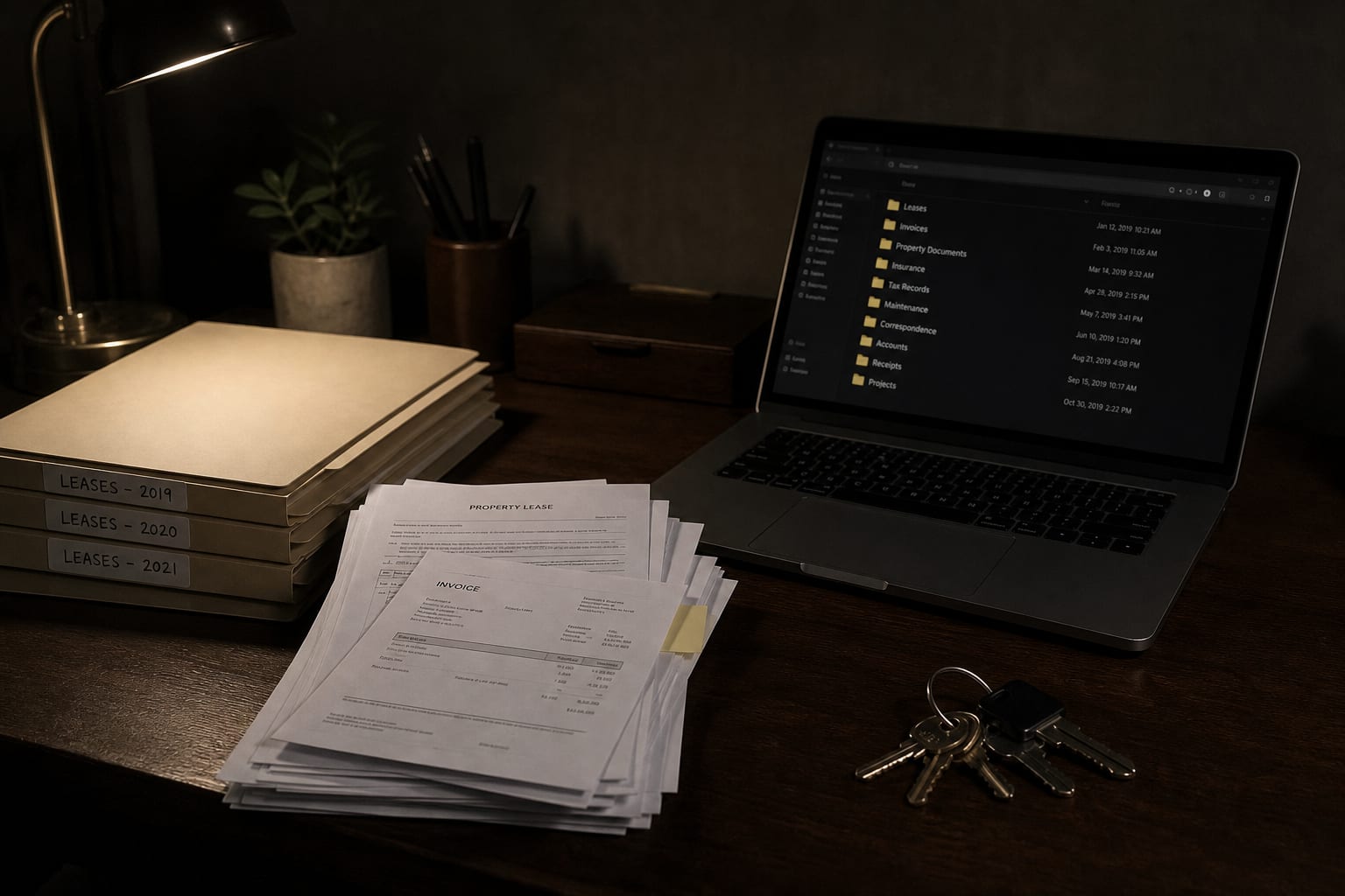 A home office desk with labeled file folders, a scanned stack of property leases and contractor invoices, an open laptop showing a folder directory, and a se...