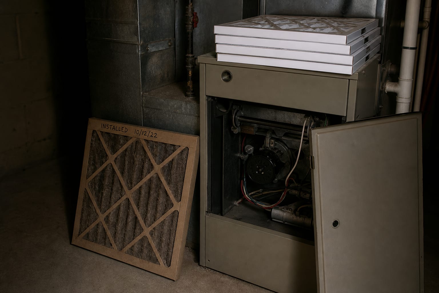 A stack of new pleated air filters sitting on top of a residential furnace in a utility room, with the access panel open and an old dust-loaded filter leanin...