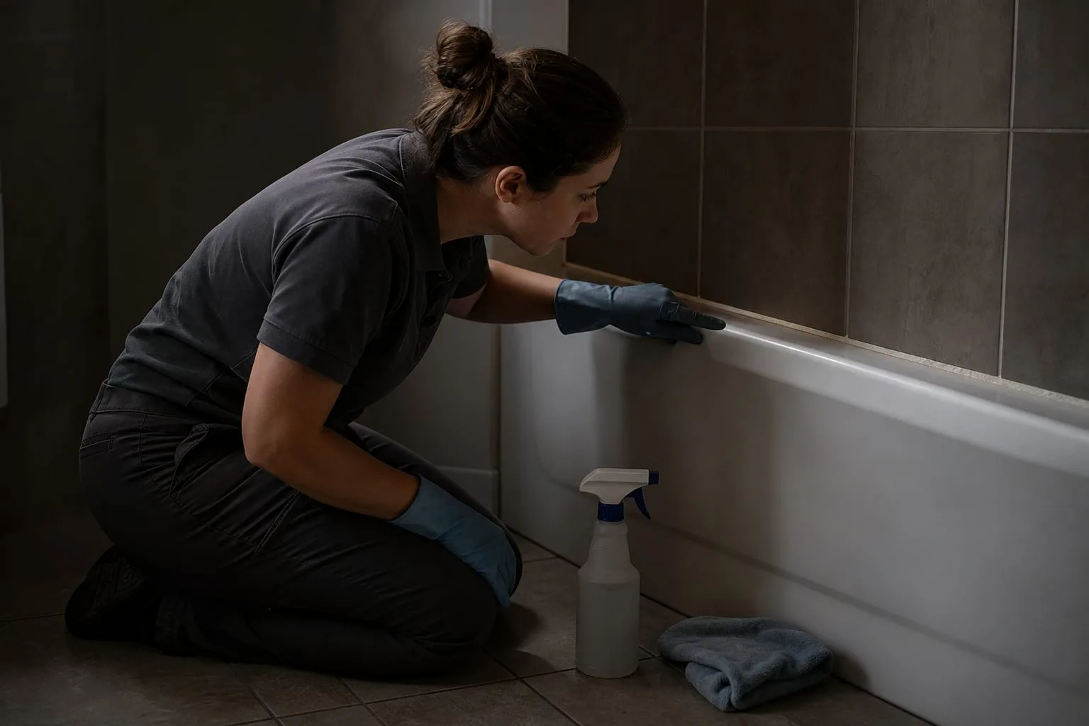 A cleaner kneeling beside a bathtub, examining the caulk line where the tub meets the tile wall, with a spray bottle and cloth set down on the floor nearby