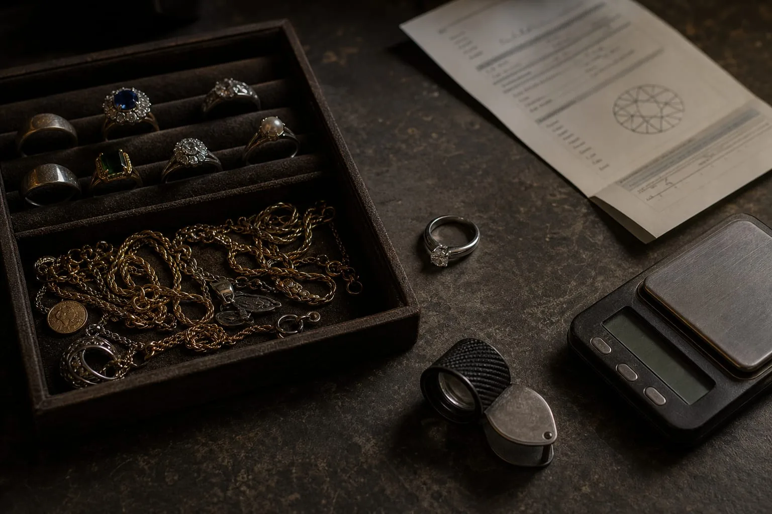 A jeweler's tray of assorted estate rings and chains set beside a single platinum ring, a loupe, a folded laboratory grading report and a small digital scale...