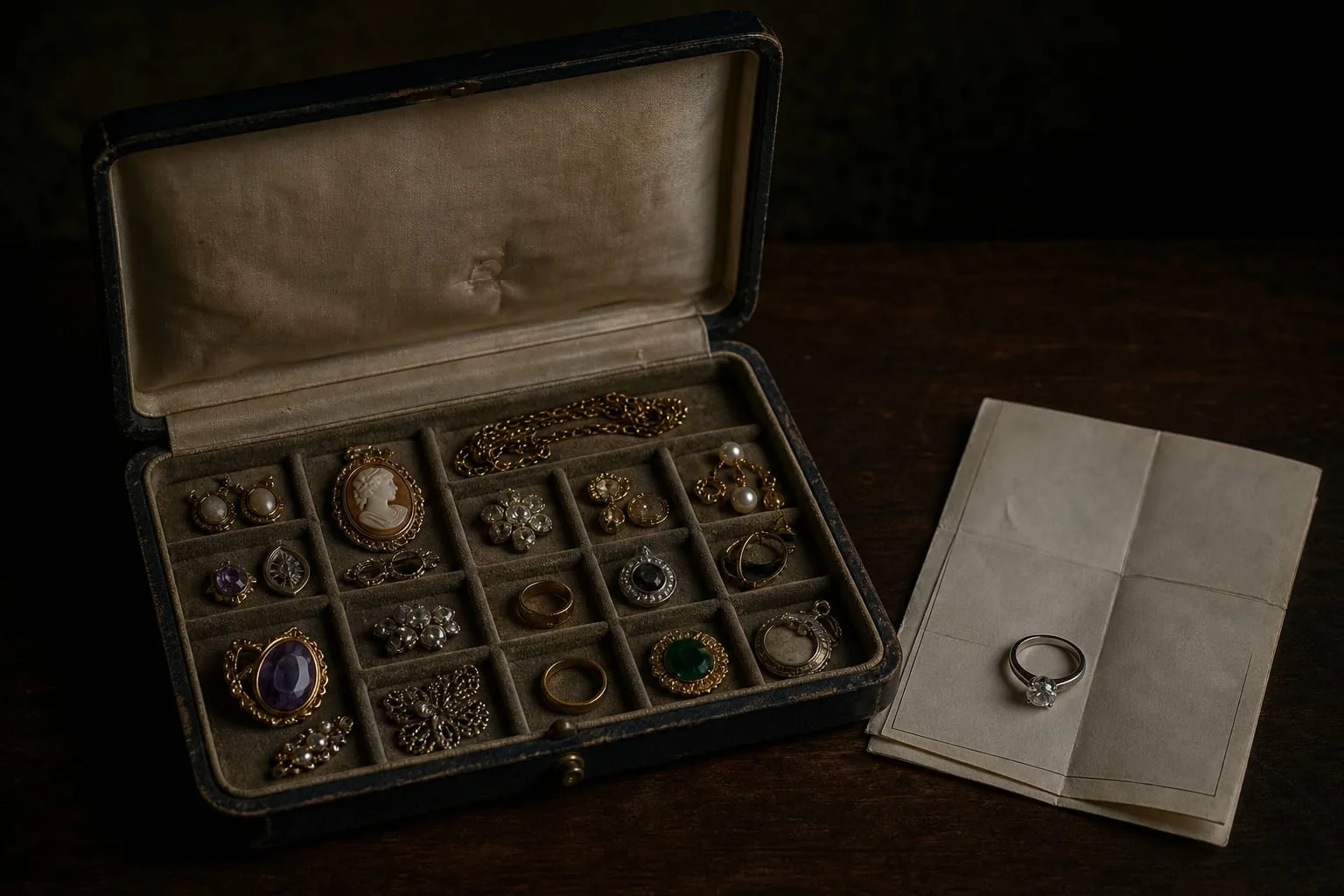 An open jewelry box on a table holding around twenty mixed pieces, with one diamond ring set apart beside a folded appraisal document