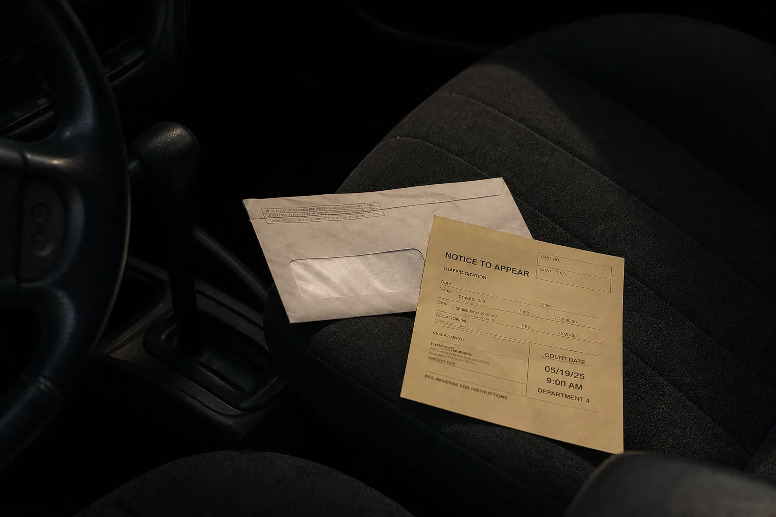 A traffic citation envelope and a court date notice lying on the passenger seat of a parked car, with a steering wheel partly in frame