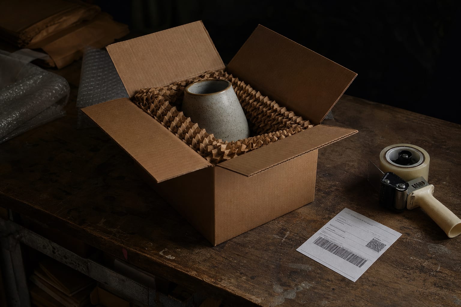 An open corrugated shipping box on a work table with a ceramic item nested in protective void fill, packing tape dispenser and a printed shipping label besid...