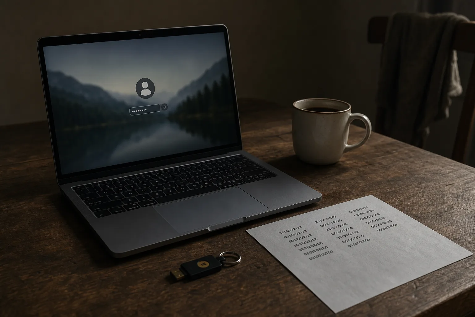 A kitchen table with an open laptop showing a login screen, a small hardware security key on a keyring beside it, a printed sheet of backup recovery codes, a...