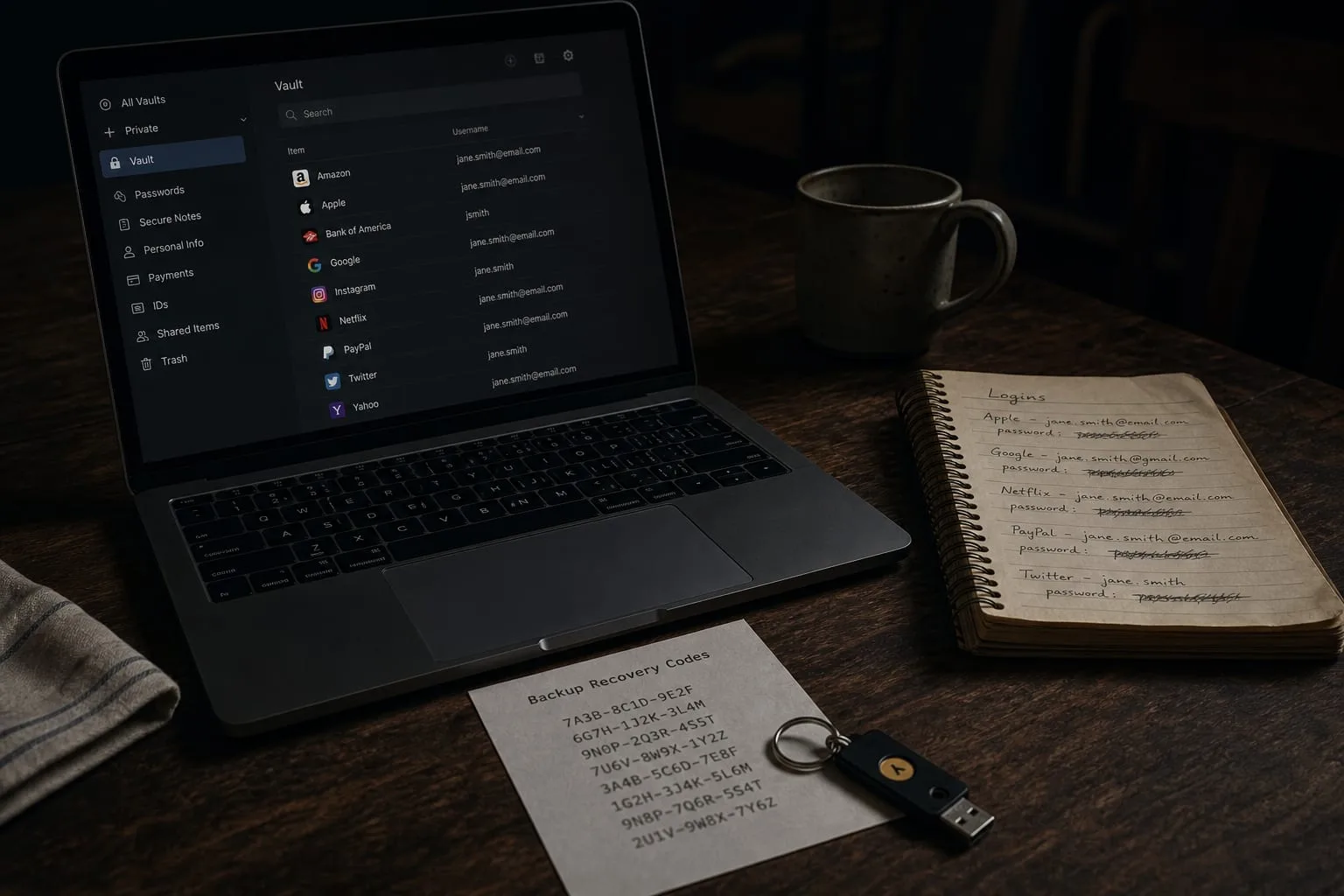 A kitchen table with an open laptop showing a password manager vault, a small hardware security key on a keyring, a printed sheet of backup recovery codes, a...