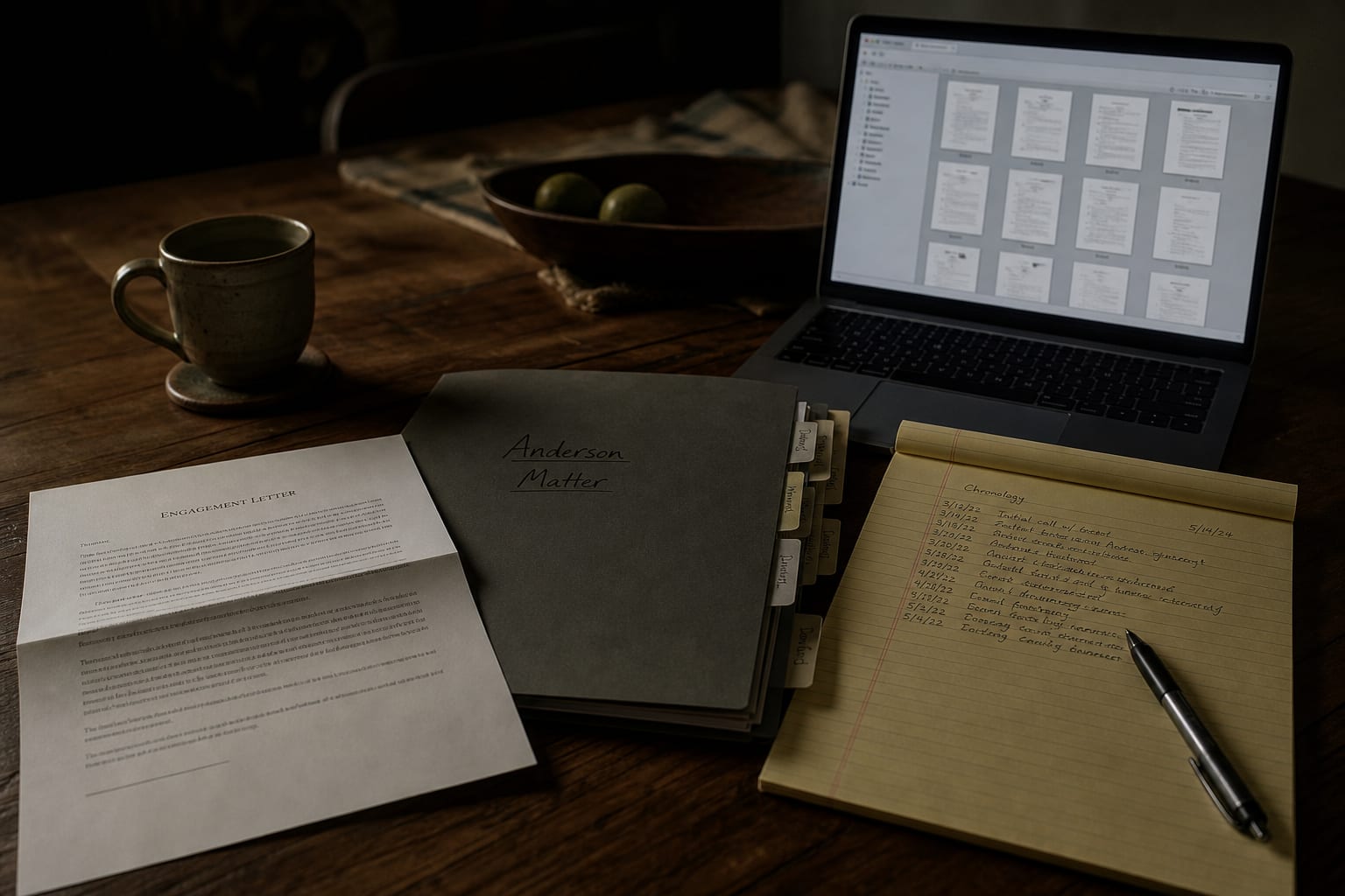 A kitchen table with an open engagement letter, a labeled document folder with tabbed dividers, a handwritten dated chronology on a legal pad, and a laptop s...