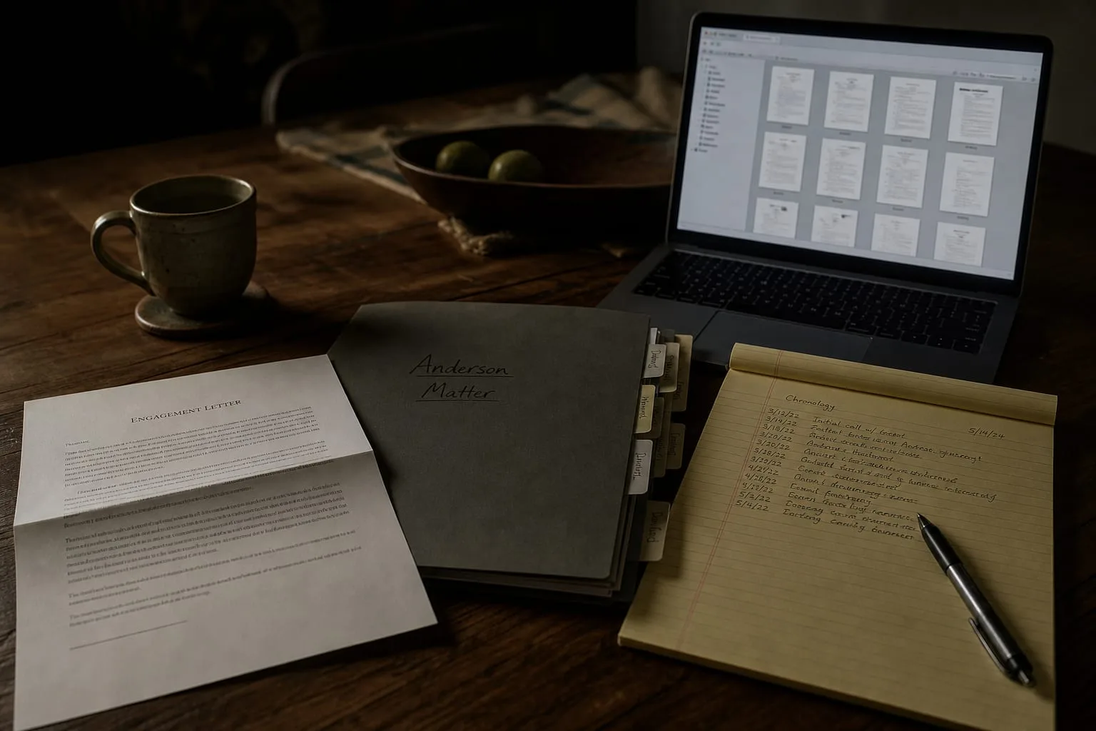 A kitchen table with an open engagement letter, a labeled document folder with tabbed dividers, a handwritten dated chronology on a legal pad, and a laptop s...