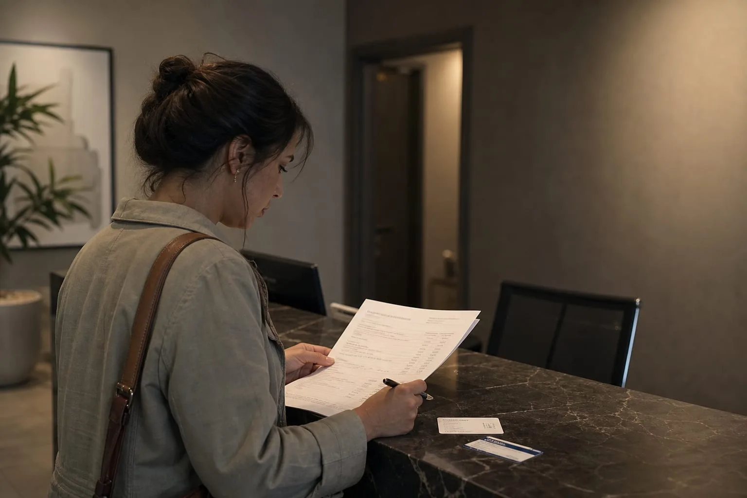 A patient at a clinic reception desk reading a multi-page treatment estimate, pen in hand, with an appointment card and insurance card on the counter