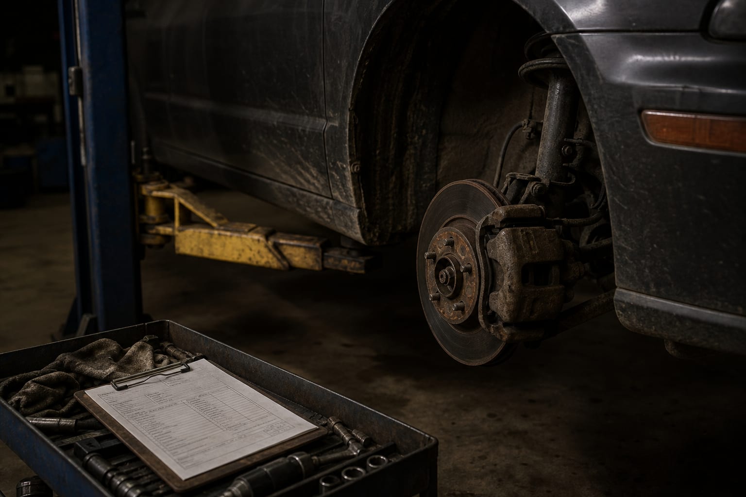 A vehicle raised on a shop lift with the front wheel removed, exposing a rusted brake caliper and rotor, with a clipboard work order resting on a nearby tool...