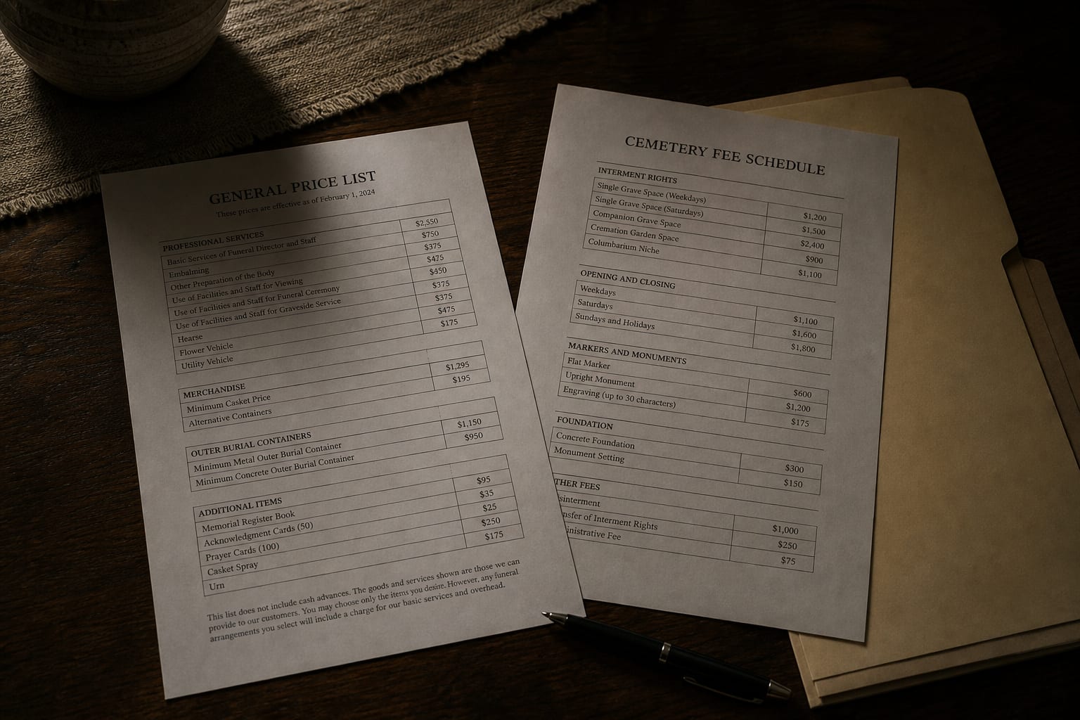 An itemized funeral home general price list and a cemetery fee schedule laid side by side on a kitchen table with a pen and a folder
