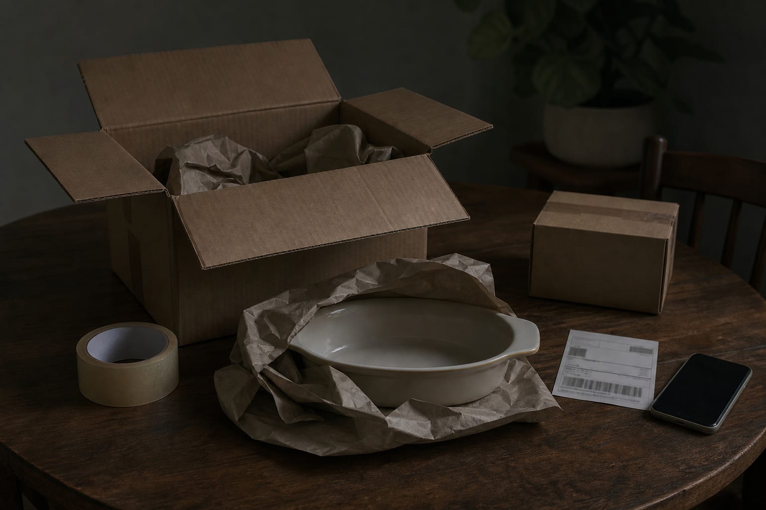 A kitchen table with an open cardboard shipping box, a ceramic serving dish partly wrapped in paper, a roll of packing tape, a second smaller carton, and a p...
