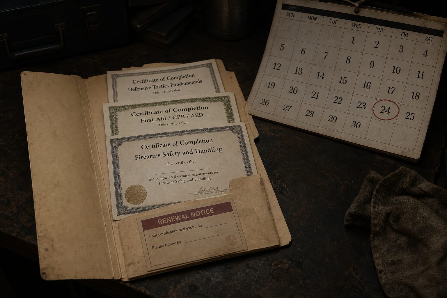 A worn manila folder open on a workbench, filled with training completion certificates and a renewal notice, beside a wall calendar with a date circled