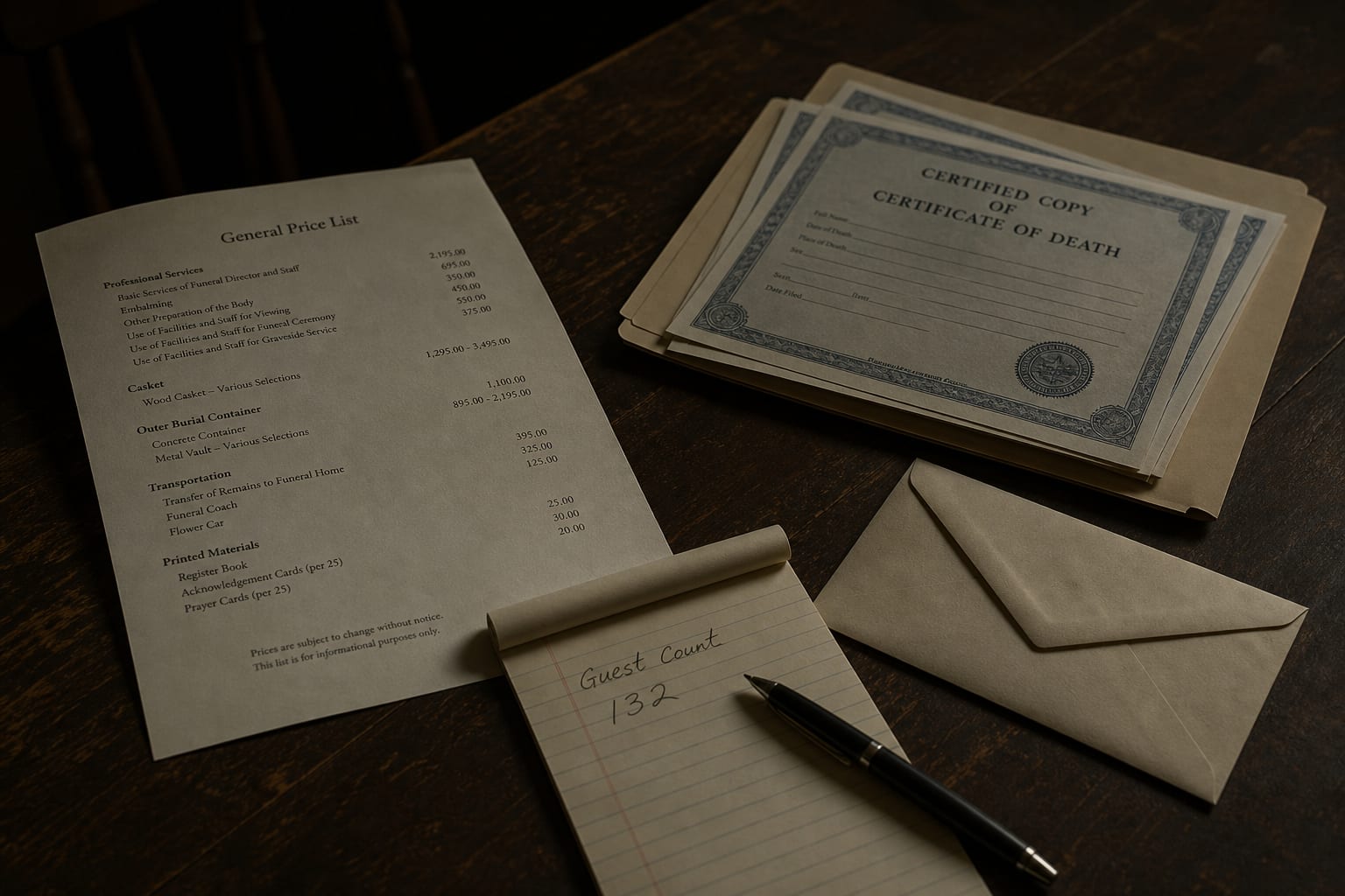 A kitchen table with an itemized funeral home price list, a folder of certified death certificate copies, an unopened bank envelope, and a ballpoint pen rest...